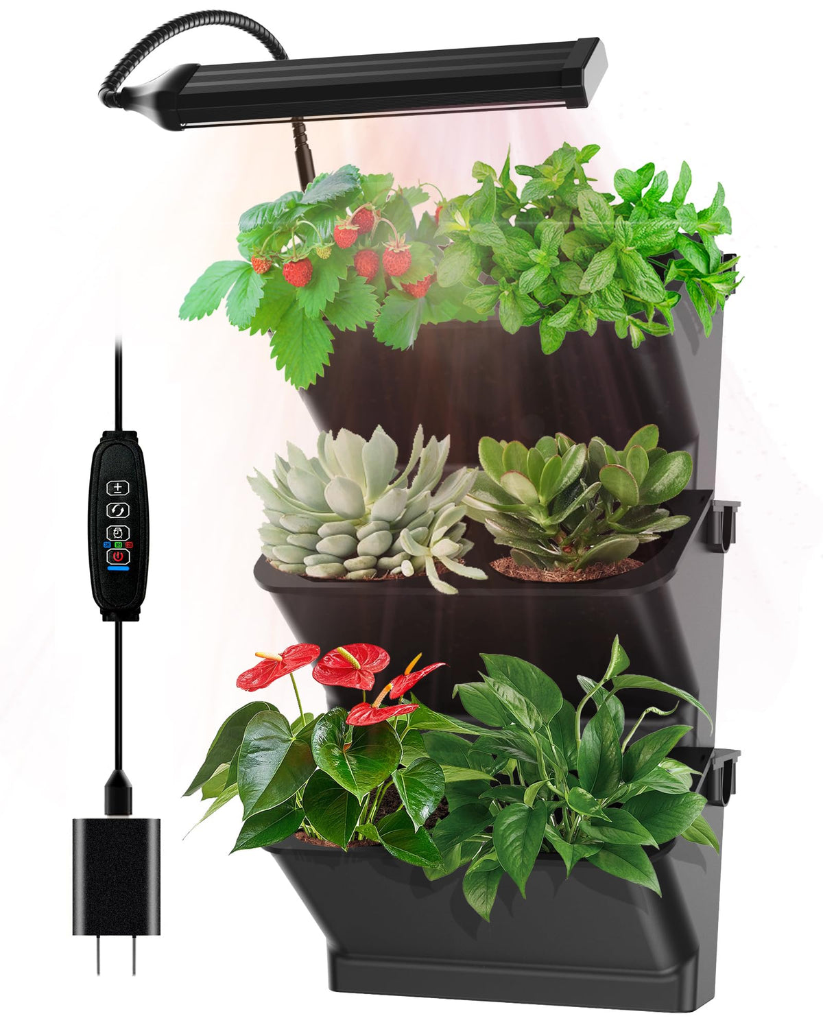 DPROOTS Wall Planters for Indoor Plants with Grow Light & Self Watering System, 6-Pot Vertical Garden for Herbs, Vegetables, Flowers, Succulents, Includes Screws & Expansion Pipes