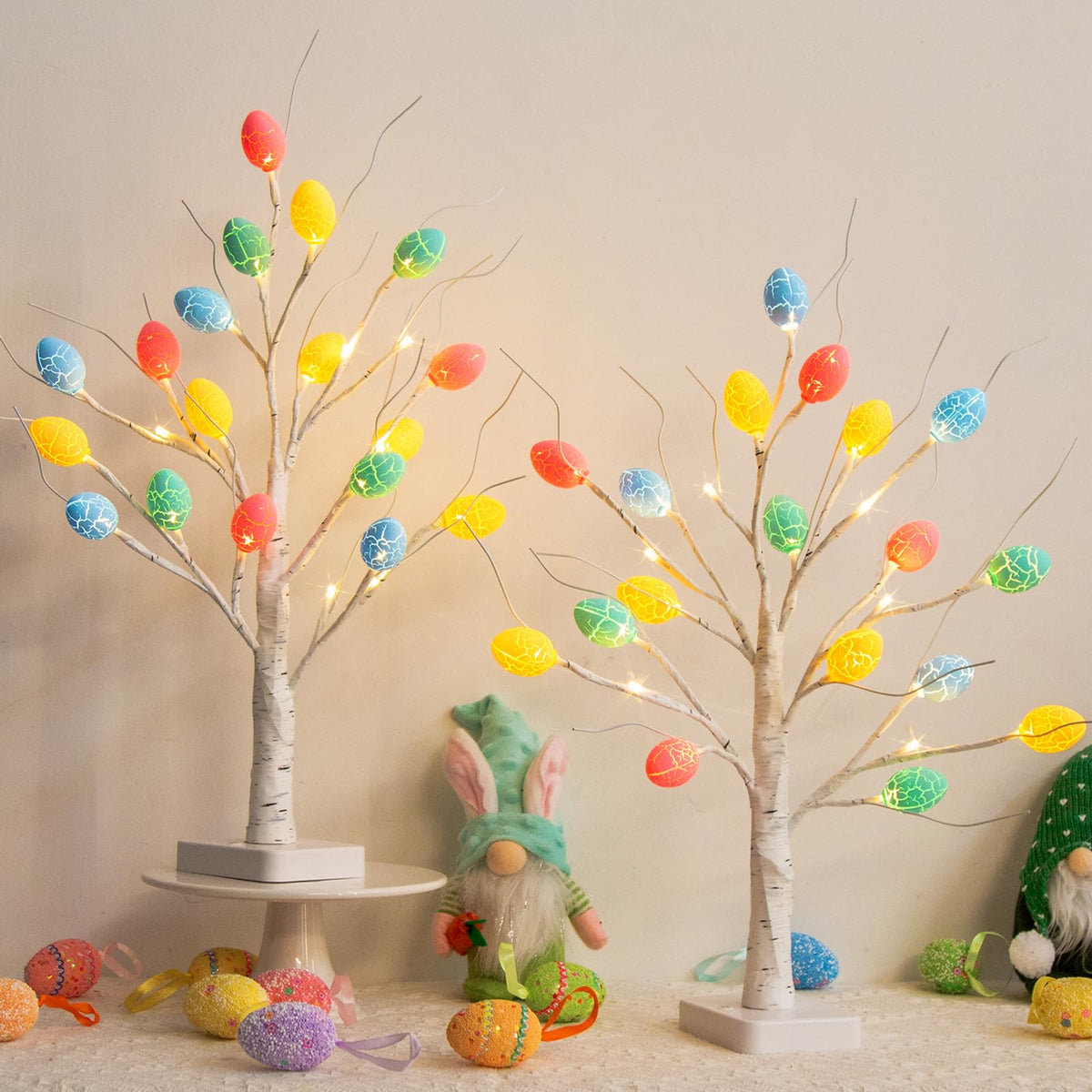 Vanthylit Easter Decorations, 2 Pack Lighted Easter Tree Battery Operated with Timer, 22 Inch LED Birch Tree with 36 Egg Ornaments Indoor Tabletop Centerpiece Light for Home Decor