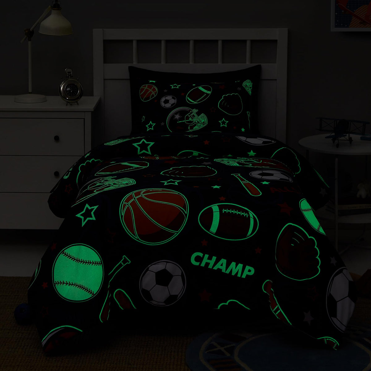 Kaleido Space Twin Kids Comforter Set - 5 Pieces Twin Bedding Sets for Boys Teen, Glow in The Dark Sports Ball Games Bed in A Bag with Sheets