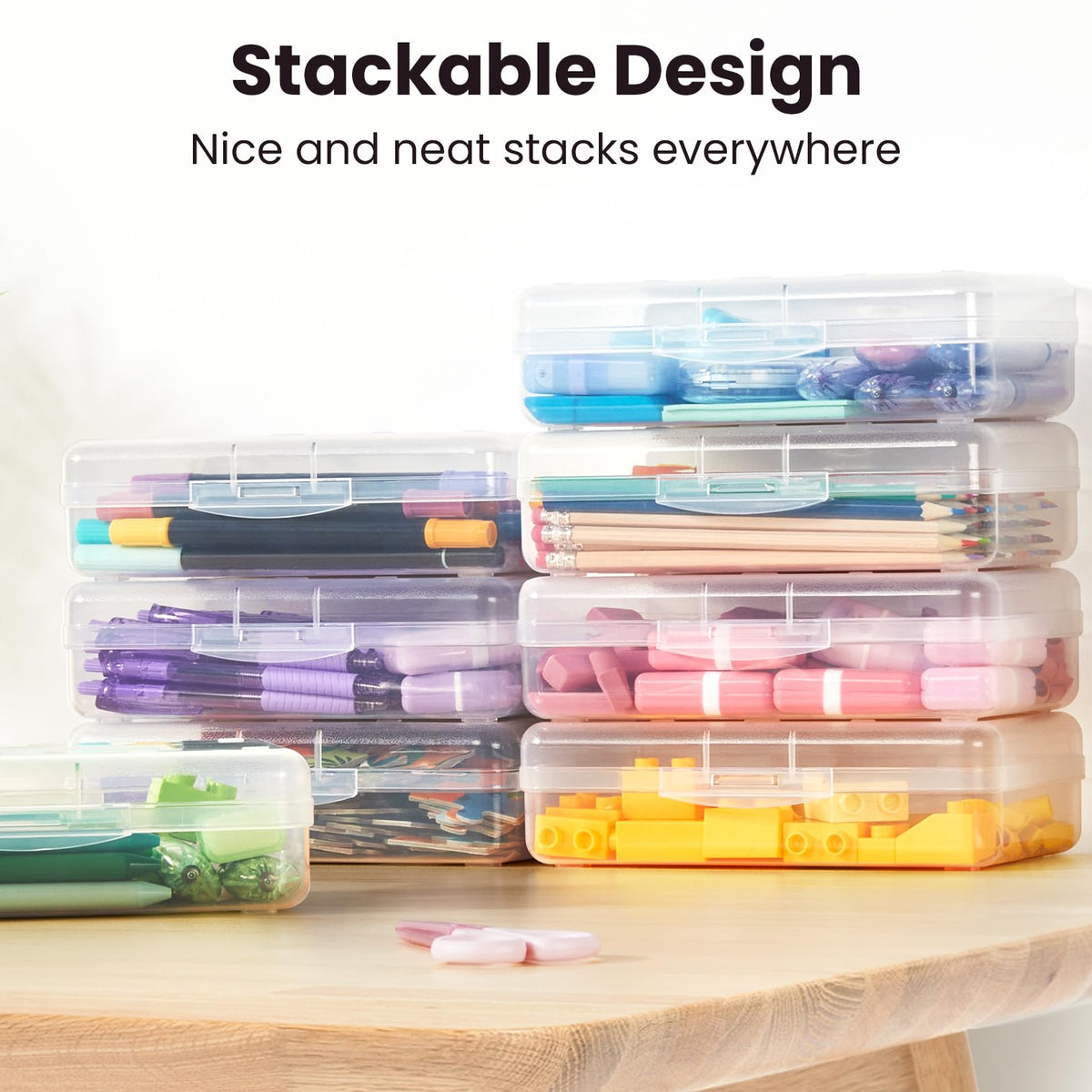 Sooez Plastic Pencil Case Box 6 Pack, Large Crayon Maker Pen Organizer, Plastic Containers with Snap Lids, Stackable Craft Storage Boxes Bulk, School Supplies Art Box for Bead, Clear