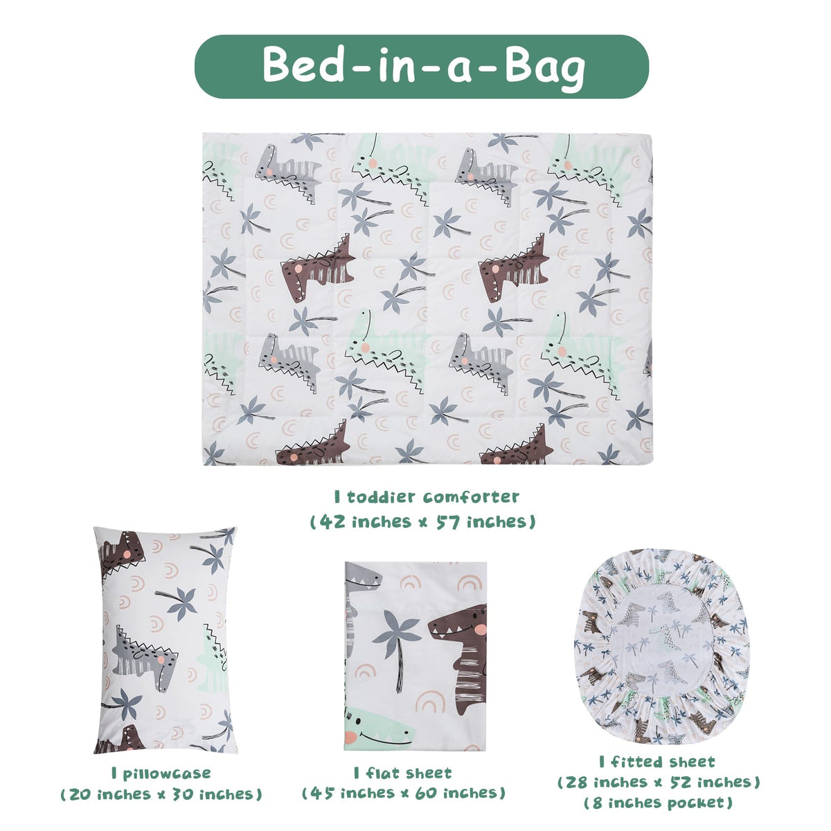 JSD Dinosaur Toddler Bedding Set, 4 Piece Bed-in-a-Bag Comforter Sheet Set, Machine Washable