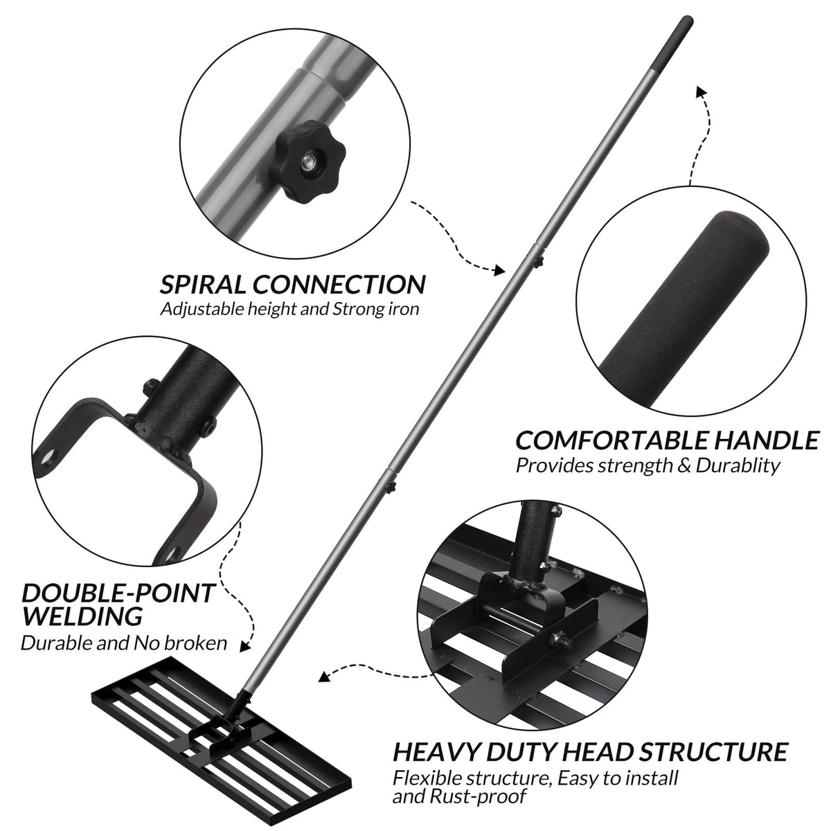 Walensee Lawn Leveling Rake, Levelawn Tool, Heavy Duty Effort Saving Lawn Level Tool, Steel Handle Lawn Leveler for Yard Garden Golf Course , Ease Level Soil Sand Dirt Surfaces, 7FT 45"x10"
