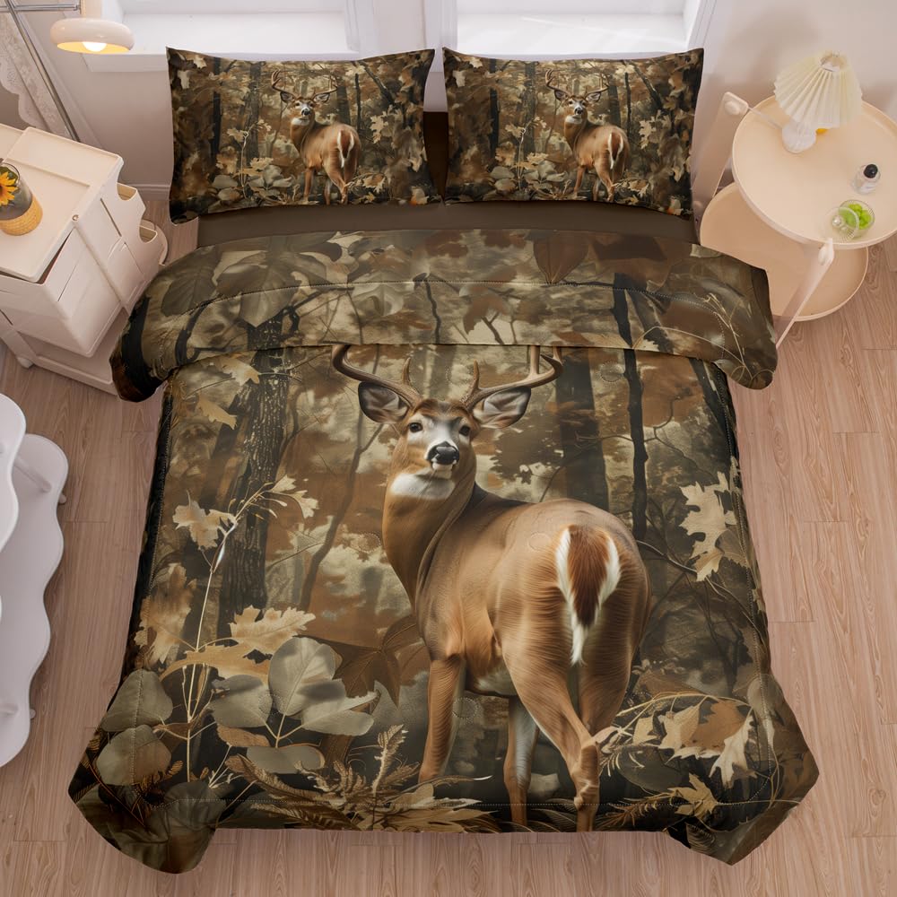 RUPSLO 5 Pieces Deer Comforter Sets,Camo Bedding Set,Deer Western Comforter Sets for Boys,Twin Size Bedding Set for Boys,Camo Bed Sets with Sheets
