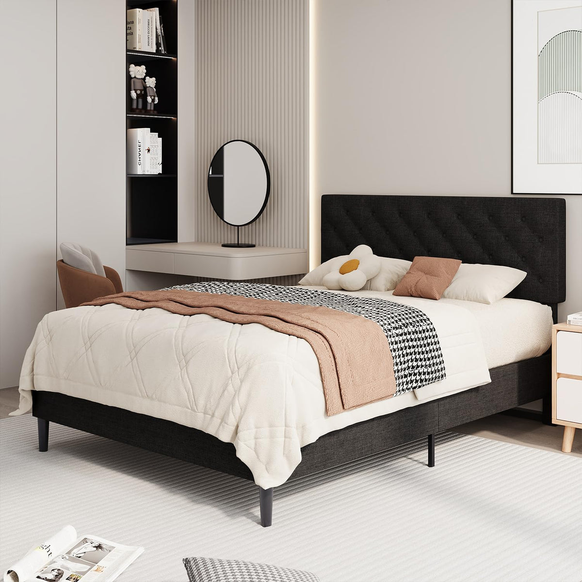 BarnFurin Queen Bed Frame, Upholstered Platform Bed with Button Tufted Headboard, Fabric Bed Frame with Wooden Slats Support, No Box Spring Required, Easy Assembly, Black