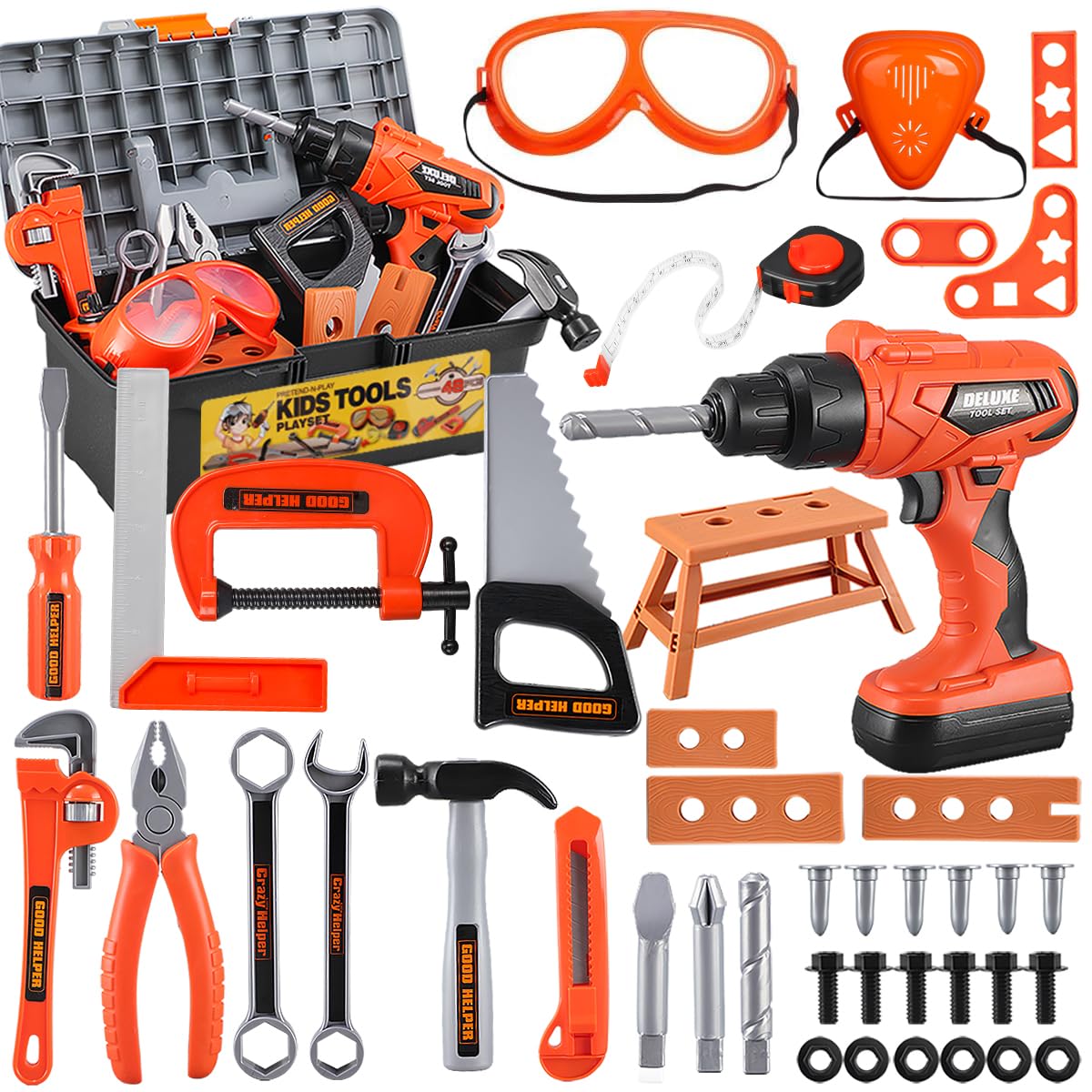 Kids Tool Set – Zealous 48 pcs Toddler Tool Set with Tool Box & Electronic Toy Drill, Pretend Play Kids Toys, Toy Construction Tools for Kids Ages 3,4,5,6,7,8 Years Old (A-Orange)