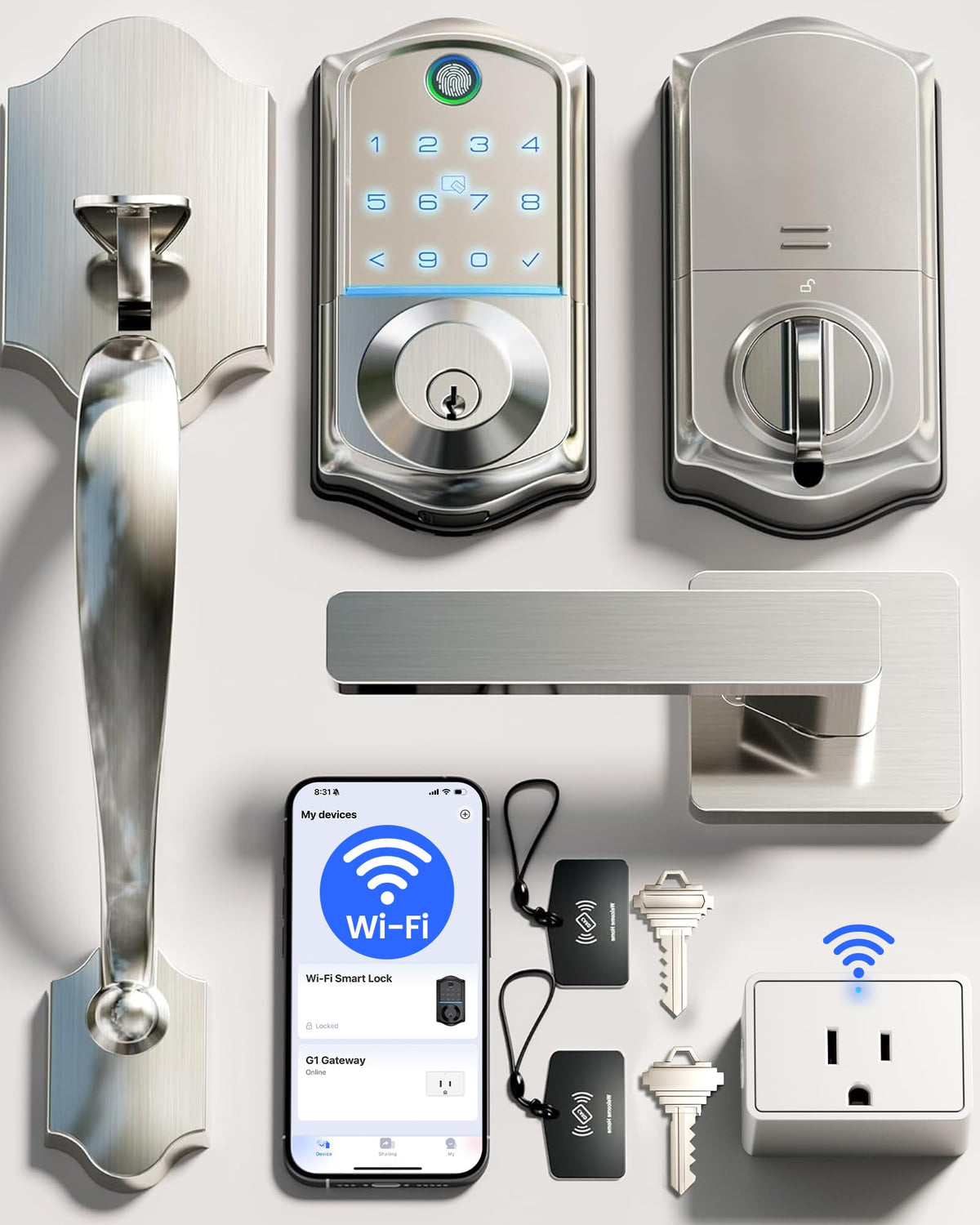Veise VE017G-H Wi-Fi Smart Fingerprint Front Door Lock Set, Remote App Control, Keyless Entry Deadbolt with Handle, Backlit Keypad, IP55 Weatherproof, Auto Lock, Easy to Install, Satin Nickel