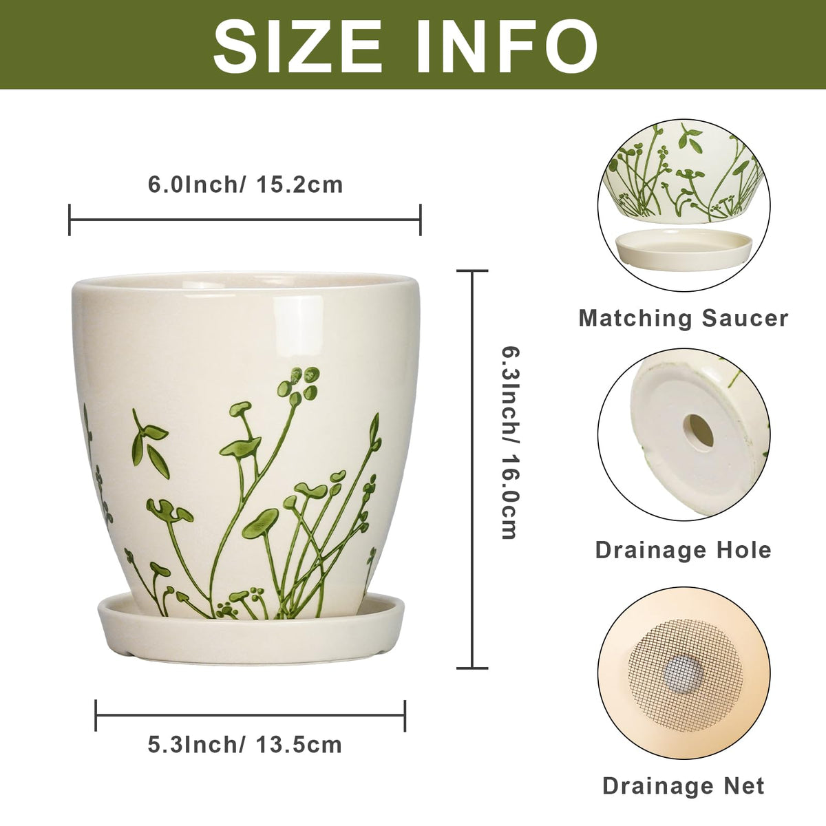 MPotTo 6 Inch Plant Pot - Ceramic Pots for Plants with Drainage Hole and Saucer, Ceramic Succulent Pots for Indoor Outdoor, Decorative Boho Planter, Housewarming Gifts, Garden Room Home Decor, White