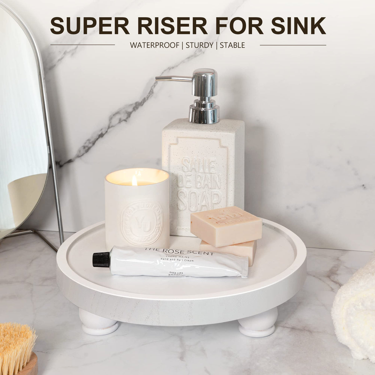 EOSAHR Decorative Wooden Riser for Home Decor : Farmhouse Display Stand for Kitchen Counter, Bathroom Sink and Home Decor - Rustic Round Waterproof Pedestal Tray for Soap, Plant Holder (White)
