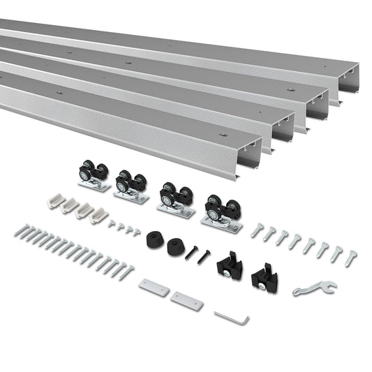 BarnBase 12FT Double Pocket Door Track Kit, 2 Sets of 68.7" Spliced Rail, Suitable for Double Door Width 48"-72"(Single Panel 24"-36"), Slide Quietly and Smoothly, Easy to Install