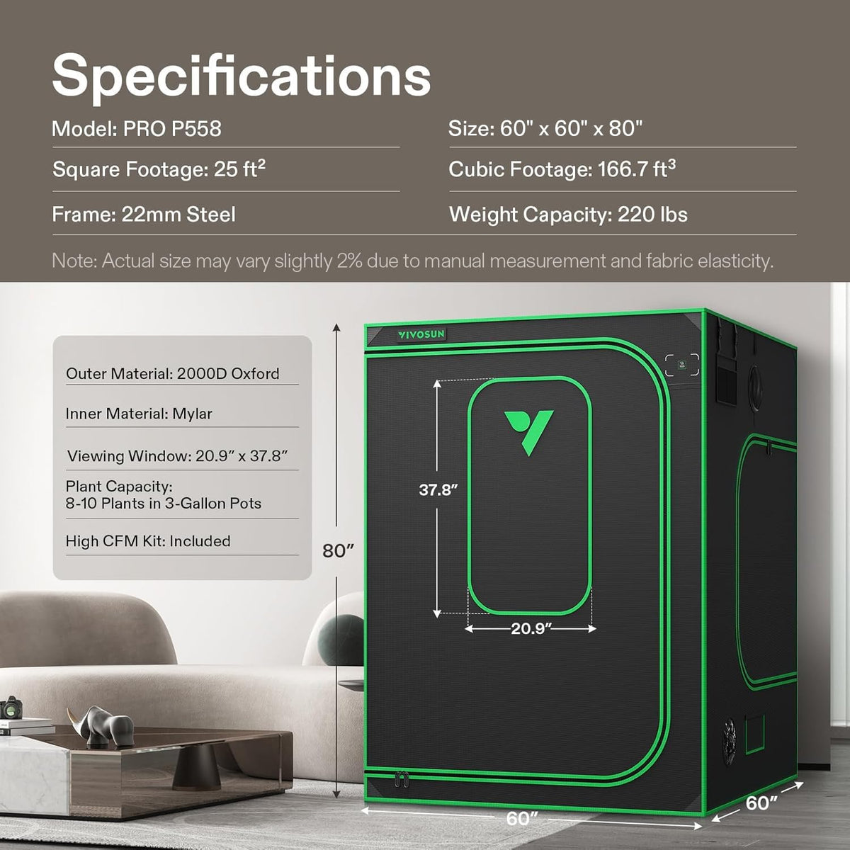 VIVOSUN P558 60"×60"×80" PRO Grow Tent, with Thick 1 inch Poles, Strengthened High Reflective Mylar Oxford Fabric, Extra Hanging Bars & High CFM Kit for Hydroponics Indoor Plant for AeroLight A200SE×3