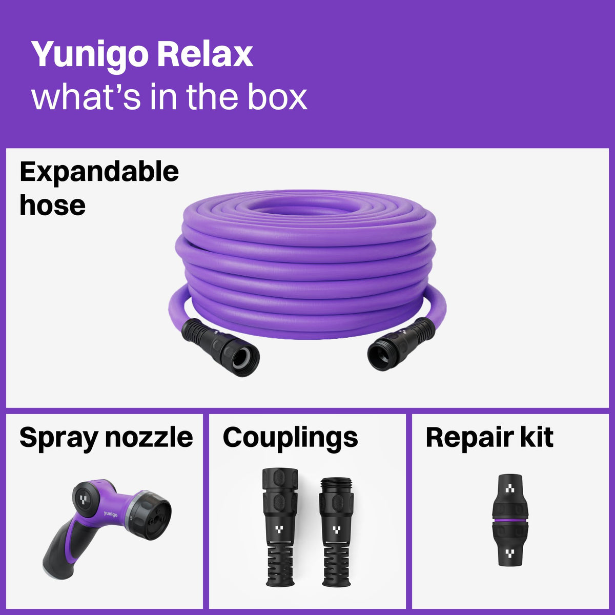 YUNIGO RELAX 100ft Expandable Purple Garden Hose – Lightweight No-Kink Design with Durable Aluminum Couplings, Spray Nozzle & Hose Mender for Home & Garden Watering