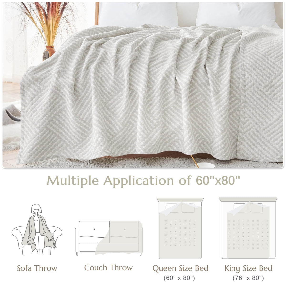 jinchan Boho 100% Cotton Blanket Muslin Twin Size 60x80 Inches Lightweight 3-Layer Geometric Square Pattern Reversible Quilt Throw Soft Breathable Comfy All Seasons for Couch Bed Decor, Light Grey