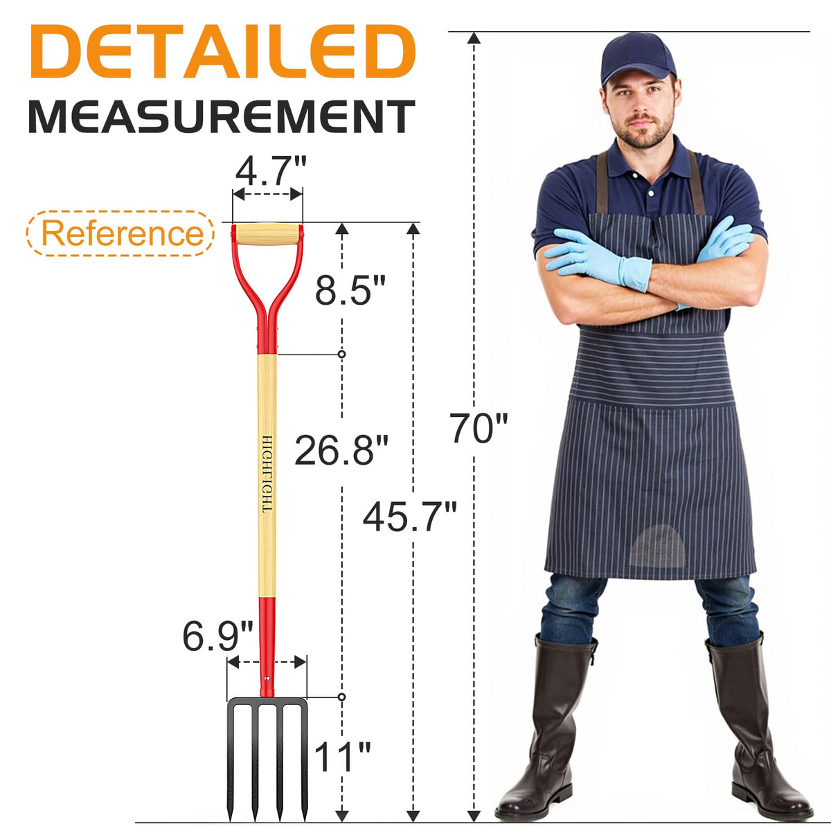 HIGHLIGHT Garden Fork, 4-Tine Spading Fork, Compost Fork, Steel Digging Fork, 45Inch, Steel D-Grip, Wooden Handle