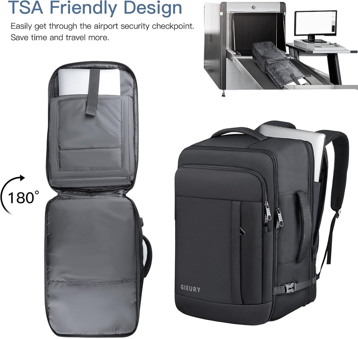 Gieury Carry On Backpack, 50L Travel Backpack, Luggage Backpack TSA Flight Approved Laptop Backpack for Men & Women, Large Expandable 40L Daypack Lightweight Business Weekender Bag, Black