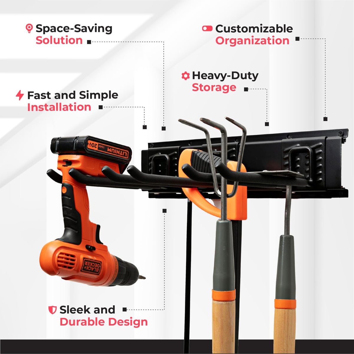 TIDYME Garage Tool Organizer Wall Mount - 48 inches - Sturdy Storage Rack with Adjustable Hooks, Anti-Rust - Easy Installation, 300lbs Capacity - Garden Tool Organizer (03 Racks & 06 Hooks)