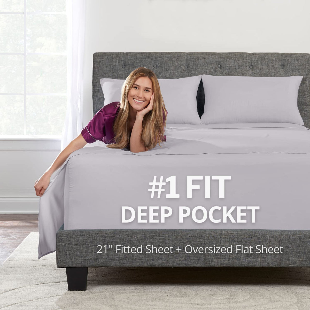 Extra Deep Pocket King Size Sheets – 21” King Sheet Sets Deep Pocket – [4 Piece Set] King Bed Sheets Oversize Flat Sheet, Fitted Sheet, 2 Zippered Pillowcases – 18”–23” King Sheets – Grey Lavender