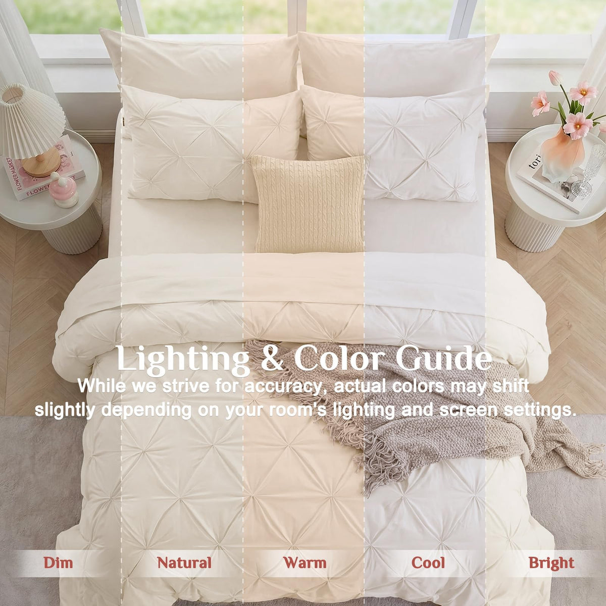 JOLLYVOGUE Queen Comforter Set 7 Pieces - Bed in a Bag Queen for All Season, Pintuck Bedding Comforter Sets with Comforter, Flat Sheet, Fitted Sheet and Pillowcases & Shams, Beige