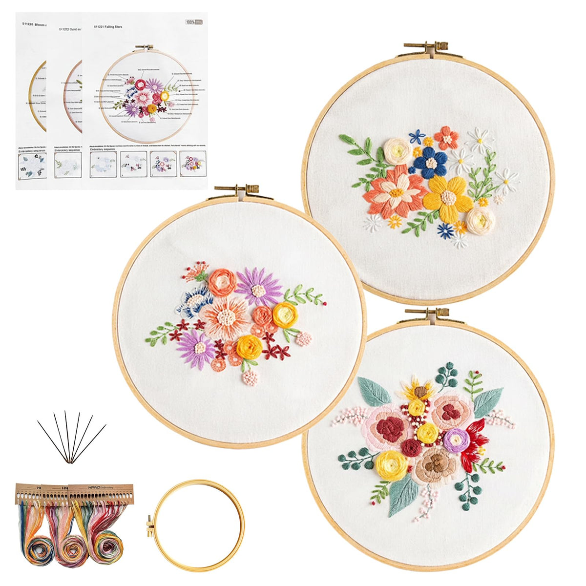 Gmakto Embroidery Kits for Beginners,3 Sets Beginner Embroidery Kit for Adults,Including 3Pcs Embroidery Cloths with Floral Pattern, 1 Pcs Plastic Embroidery Hoops, 3Pcs User Manual(Flower)