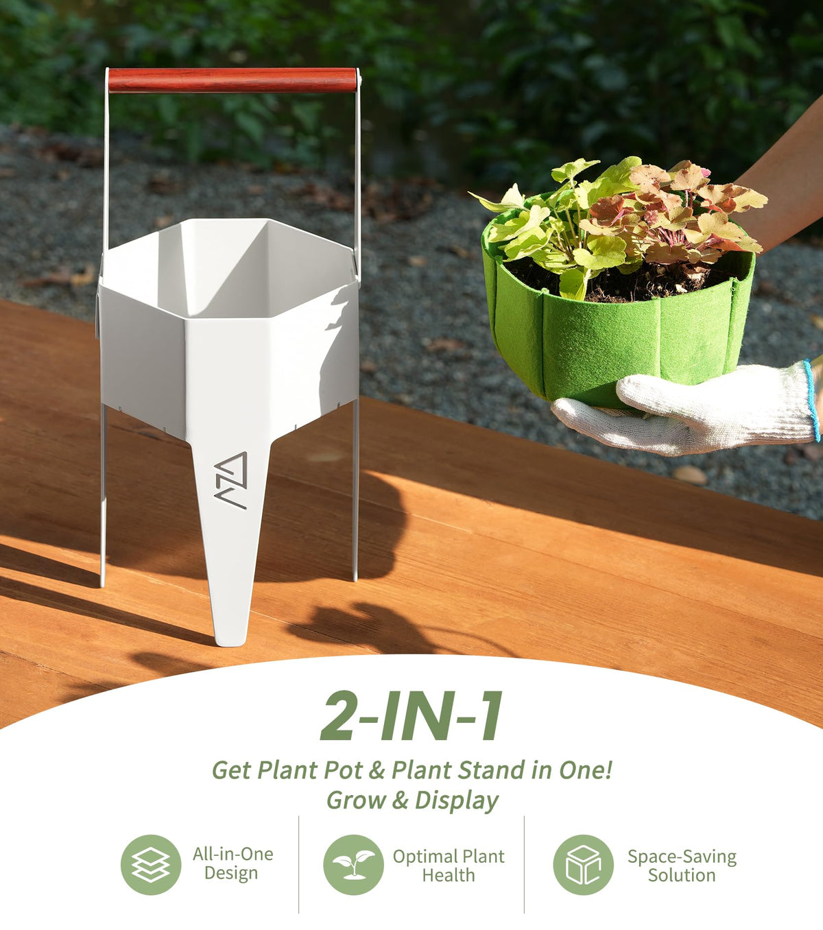 AZADESJET Planter with Stand, Metal 2 in 1 Portable Planter with Grow Bags & Handle, Stable Stylish Indoor Plant Pots with Stand, Modern Flower Pots Outdoor, 7.5'' x 17.3'', White, Plant Not Included
