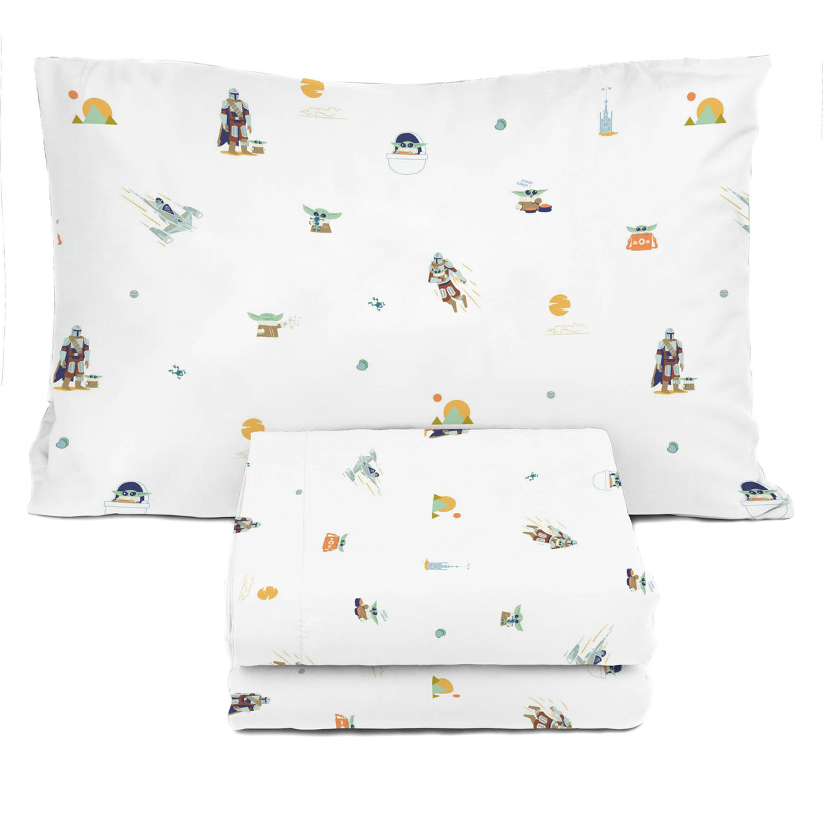Sunny Side Up Kids Sheet Set with Fitted, Flat Sheets & Pillow Cover - Ultra-Soft Bedding with Pillowcase for Room Decor, White - Star Wars Mandalorian, 3 Piece Twin