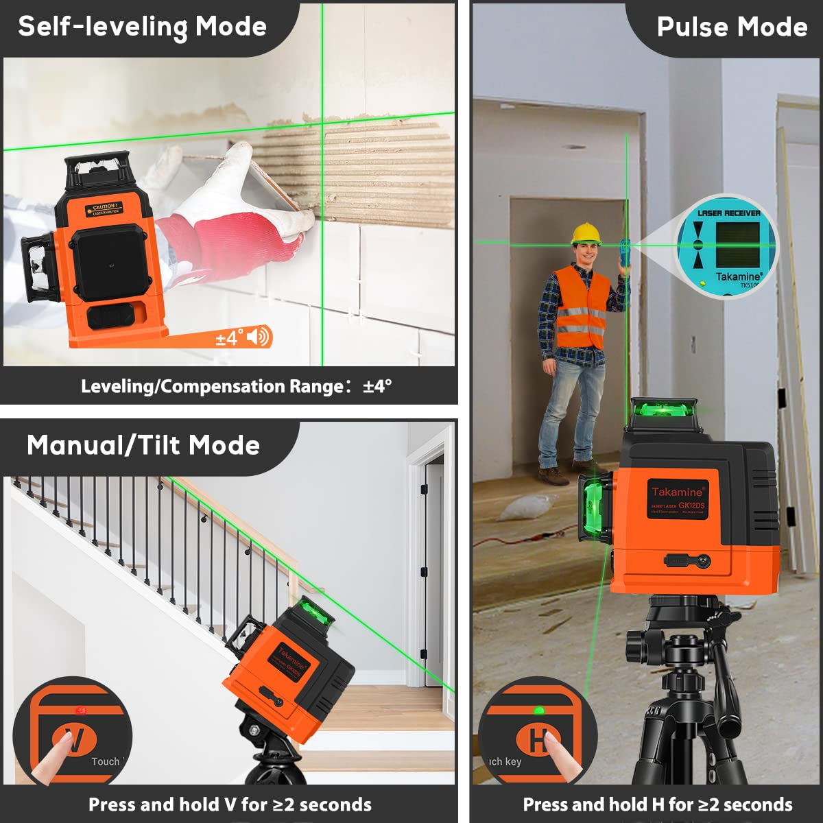 Takamine 12 Lines Laser Level Self Leveling 3x360° 3D Green Cross Line for Construction/Picture Hanging, Remote Controller, Rechargeable Li-ion battery, Magnetic Stand and portable bag