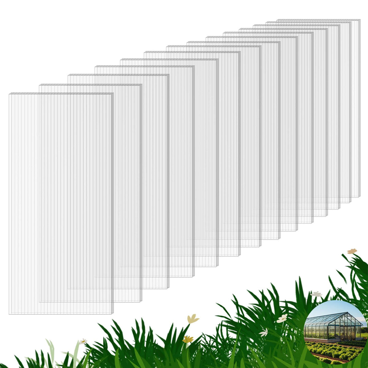 14 Pack Polycarbonate Greenhouse Panels, 4' x 2' x 0.16" Twin-Wall Polycarbonate Sheets for All Weather Greenhouse Covering, Excellent Light Transmission & Weather Resistance for Optimal Plant Growth