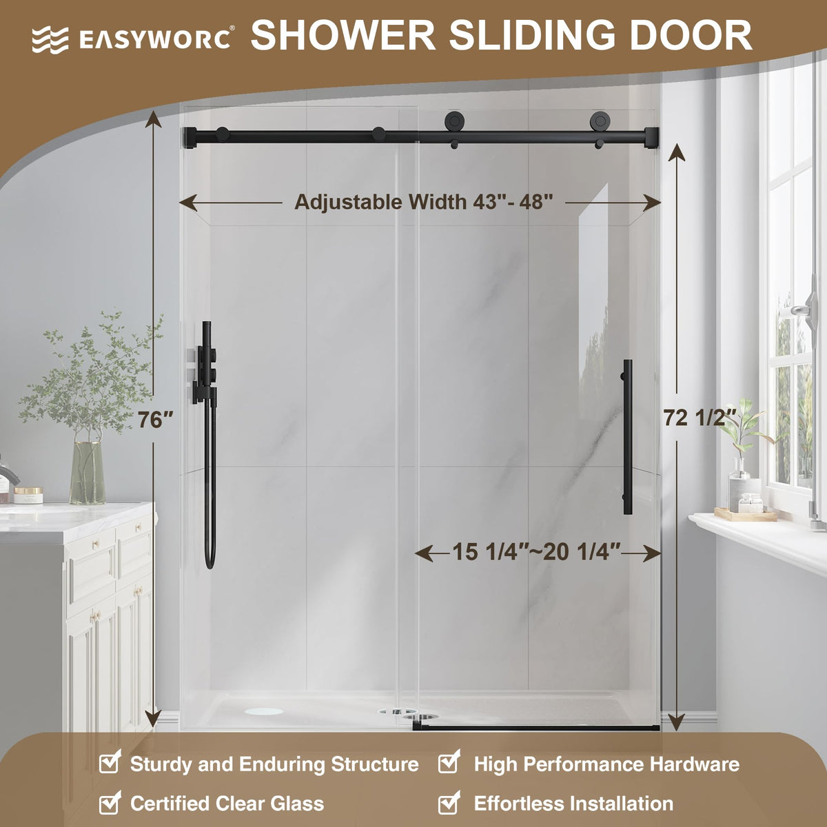EASYWORC Frameless Glass Shower Door, 43-48" W x 76" H Sliding Frameless Shower Door, 1/4''(6mm) SGCC Tempered Glass, Explosion-Proof Film Nano Coating, Stainless Steel Hardware, Matte Black