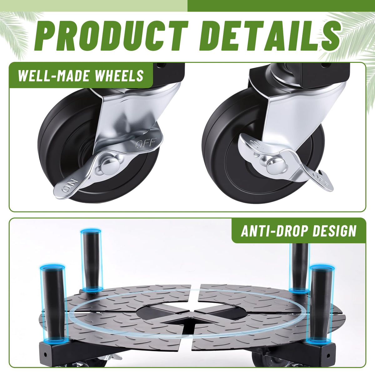 Plant Caddy with Wheels Heavy Duty, Adjustable 15-24 Inch Rolling Plant Stand with Lockable Casters, 440 Lbs Capacity Large Pot Roller Base Dolly Cart for Indoor Outdoor Use, Flower Pots, Planters