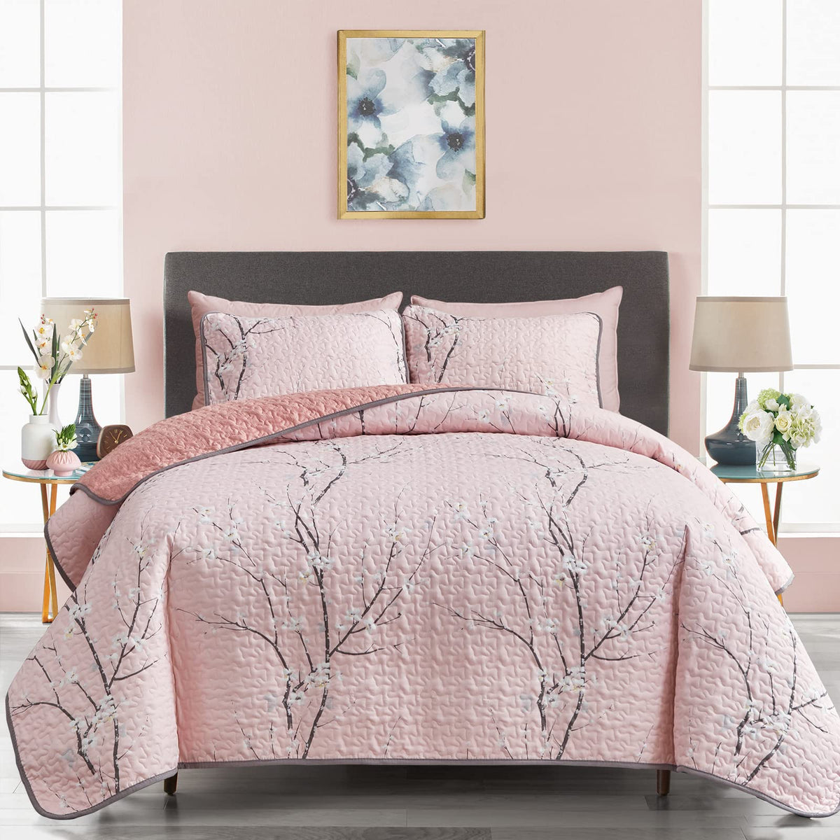 UOZZI BEDDING 3 Pieces Reversible Pink Branch Quilt Set King Size 102x88 Soft Microfiber Lightweight Coverlet Bedspread Summer Comforter Set Bed Cover for All Season (1 Quilt+ 2 Shams)