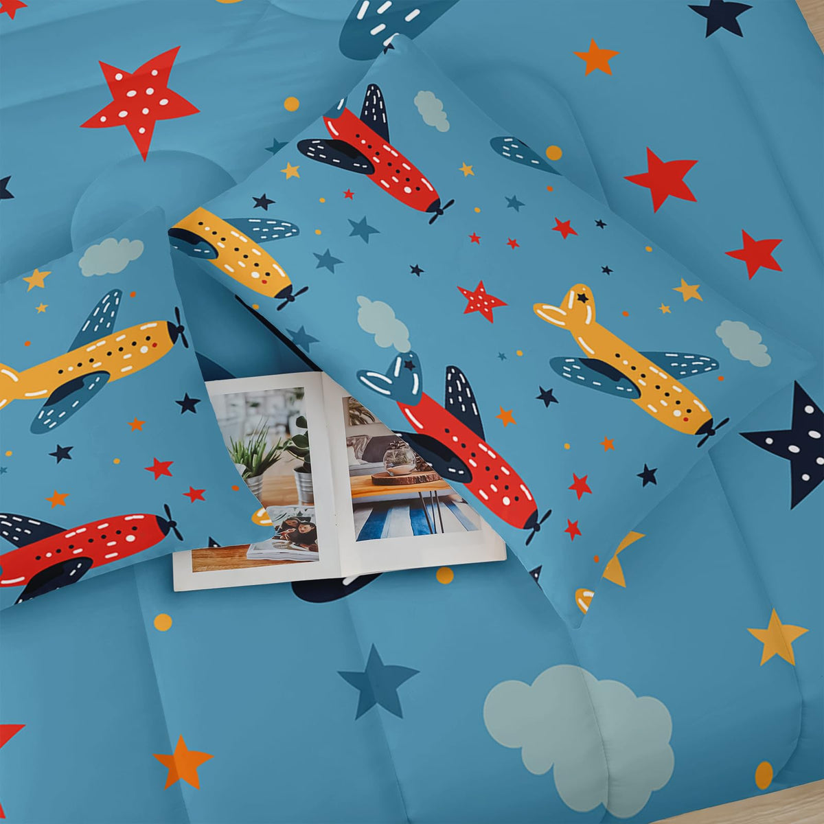 lneffble Kids Aeroplane Comforte Set Twin，Blue Airplane Bedding for Boys，Cute Star Quilt Pattern，Cute Bedroom Decor for Kids，1 Comforter 2 Pillow Cases