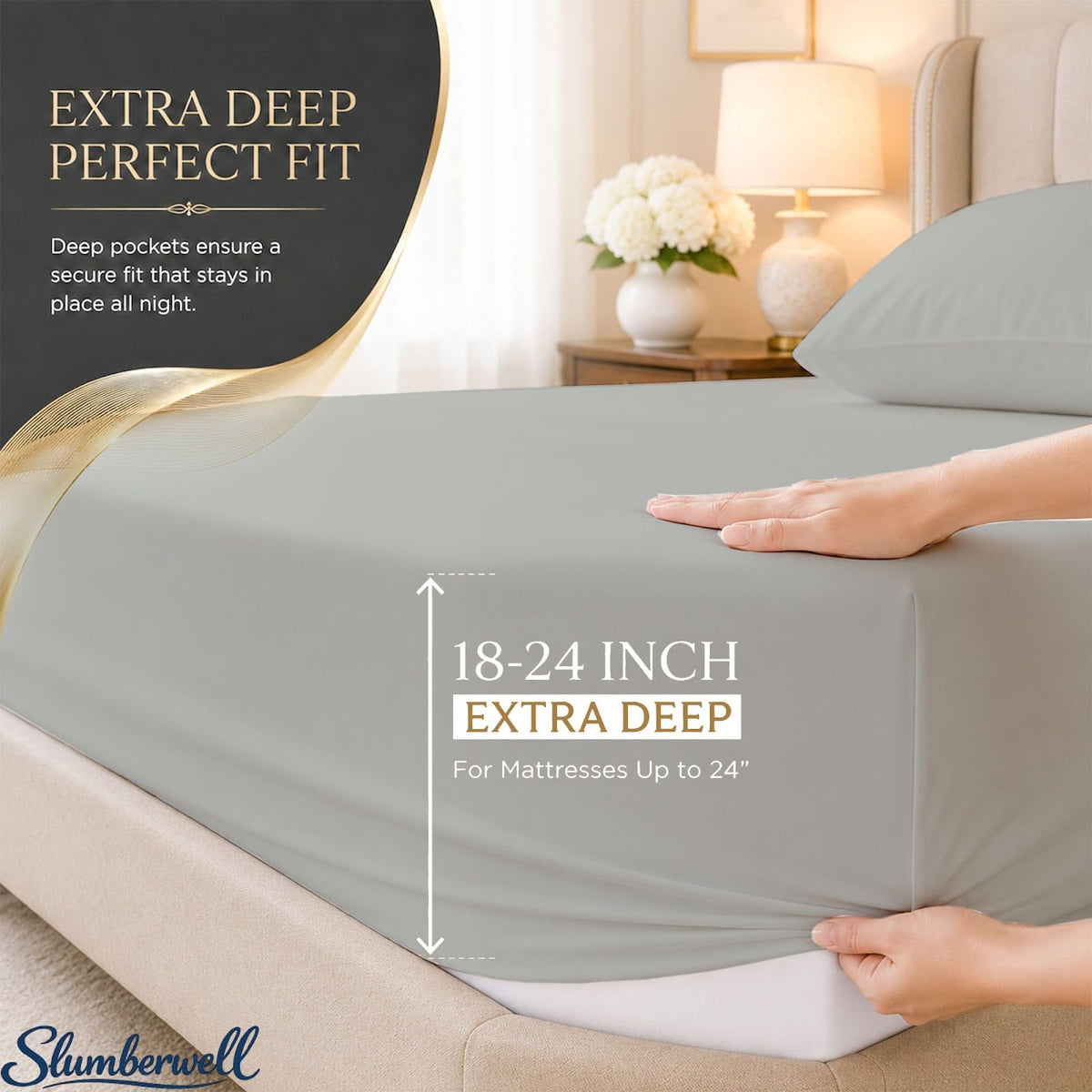 SlumberWell King Sheet Set, 4 Piece Microfiber Sheets, Extra Deep Pocket (18–24 Inch), Fits Thick Mattress, Soft Breathable & Wrinkle-Resistant, Light Grey