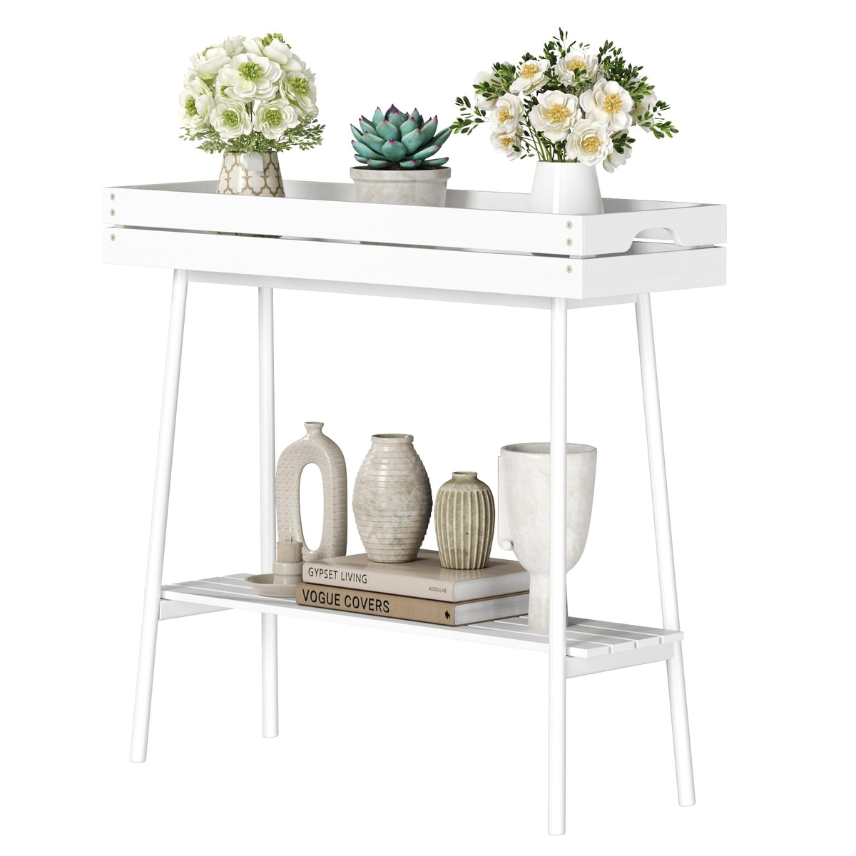 BAMBANG Bamboo Plant Stand Indoor, 2 Tier Small Plant Table, Tall Plant Stand for Indoor Plants, Window Sill Plant Shelf, Flower Pot Holder Plant Bench Plant Rack for Living Room Outdoor, White