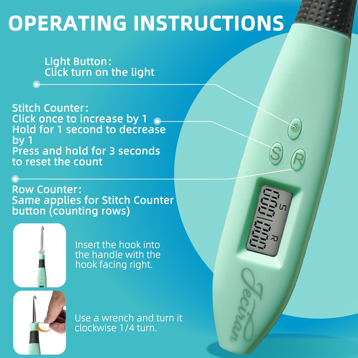 Jeciran 24 Interchangeable Heads Light Up Crochet Hook Set with Digital Stitch Counter,Ergonomic Rechargeable LED Crochet Hooks for Dark Yarn & Arthritic Hands,Knitting Tool Kit,Gifts for Crocheters