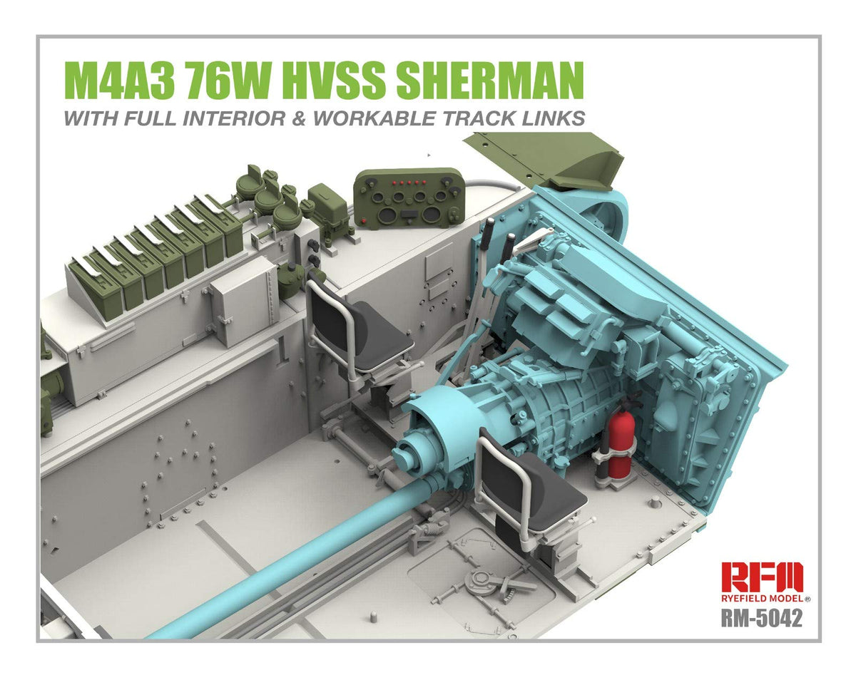 Raifield Model RFM5042 1/35 US Army M4A3 76W HVSS Sherman Medium Tank w/Movable Crawler & Full Interior Plastic Model