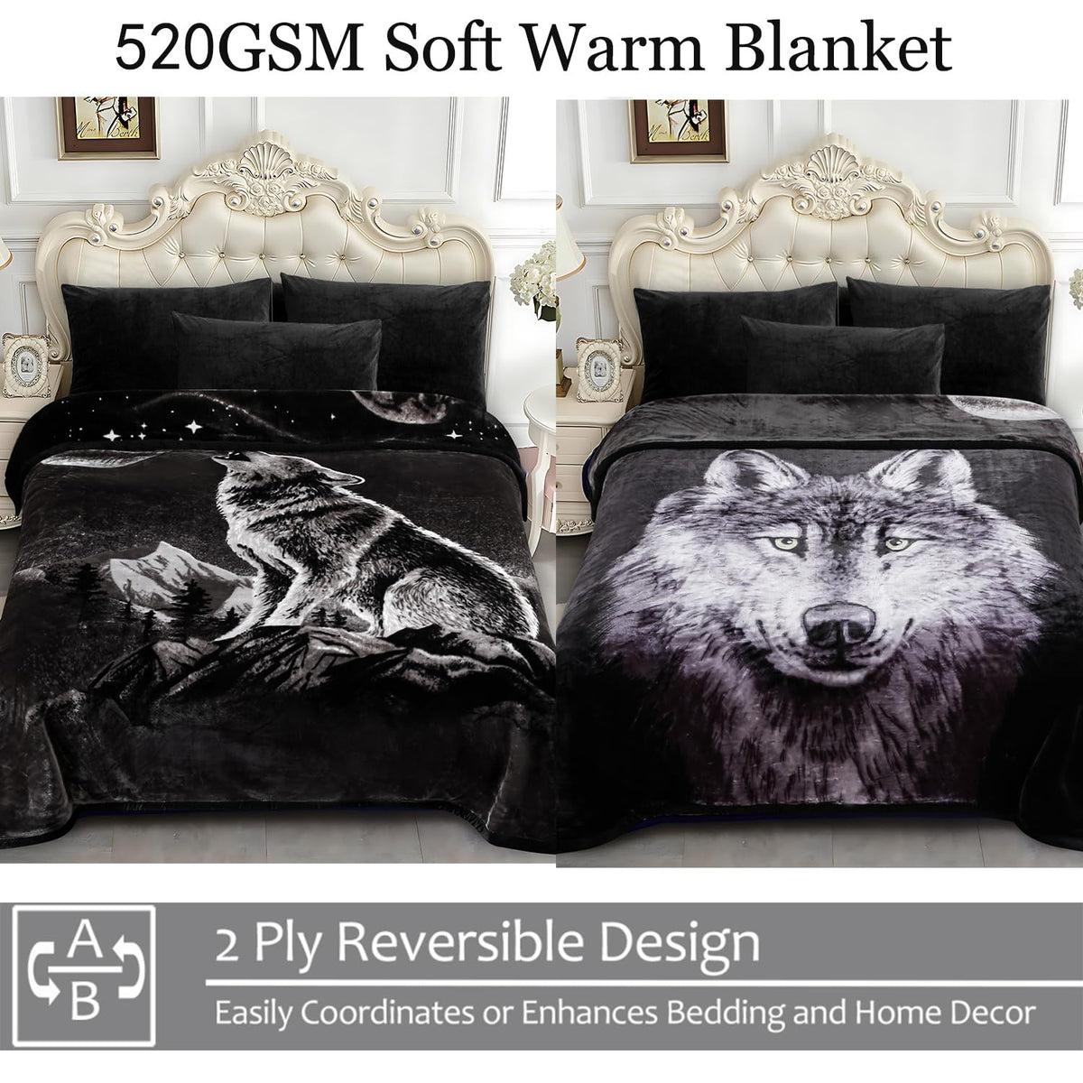 JYK Soft Fleece Bed Blanket Korean Style Blanket, 5 LB Fleece Blanket Queen 75'' x 87'' - 2 Ply Reversible 520GSM Super Soft Plush Flannel Blanket, Warm Bed Blanket for Autumn Winter - Moon Wolf/Wolf