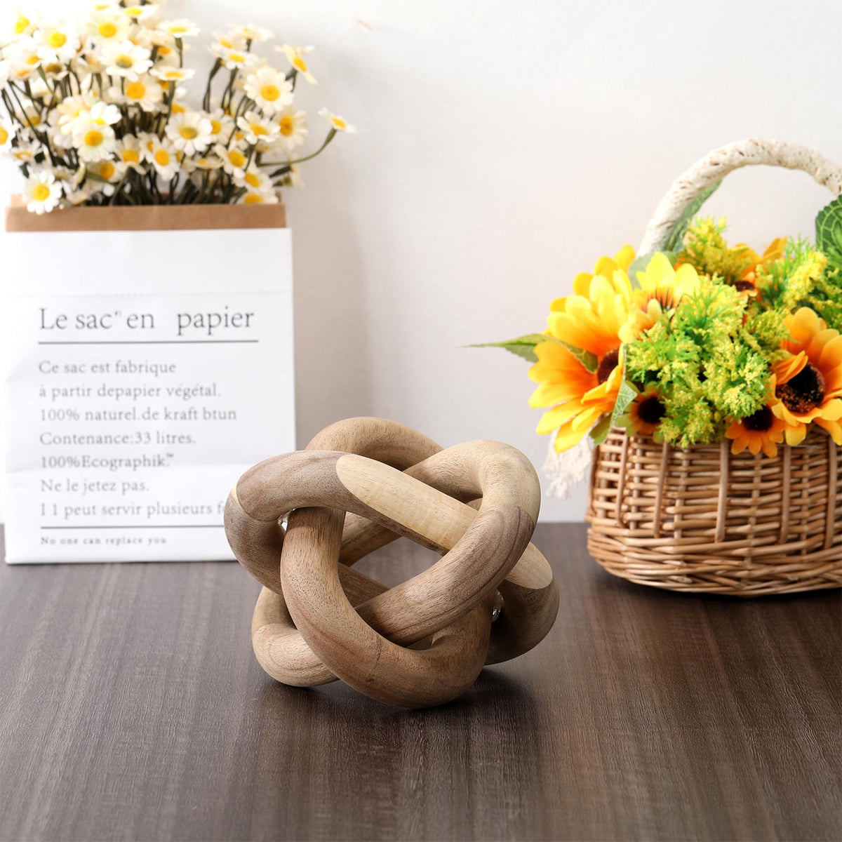 Yalikop 3 Link Wood Knot Decor Rustic Home Décor Accents Hand Carved Coffee Table Decoration, Boho Chain Link Decoration, Modern Shelf, Rustic Objects for Home Living Room Bedroom(Acacia Wood)