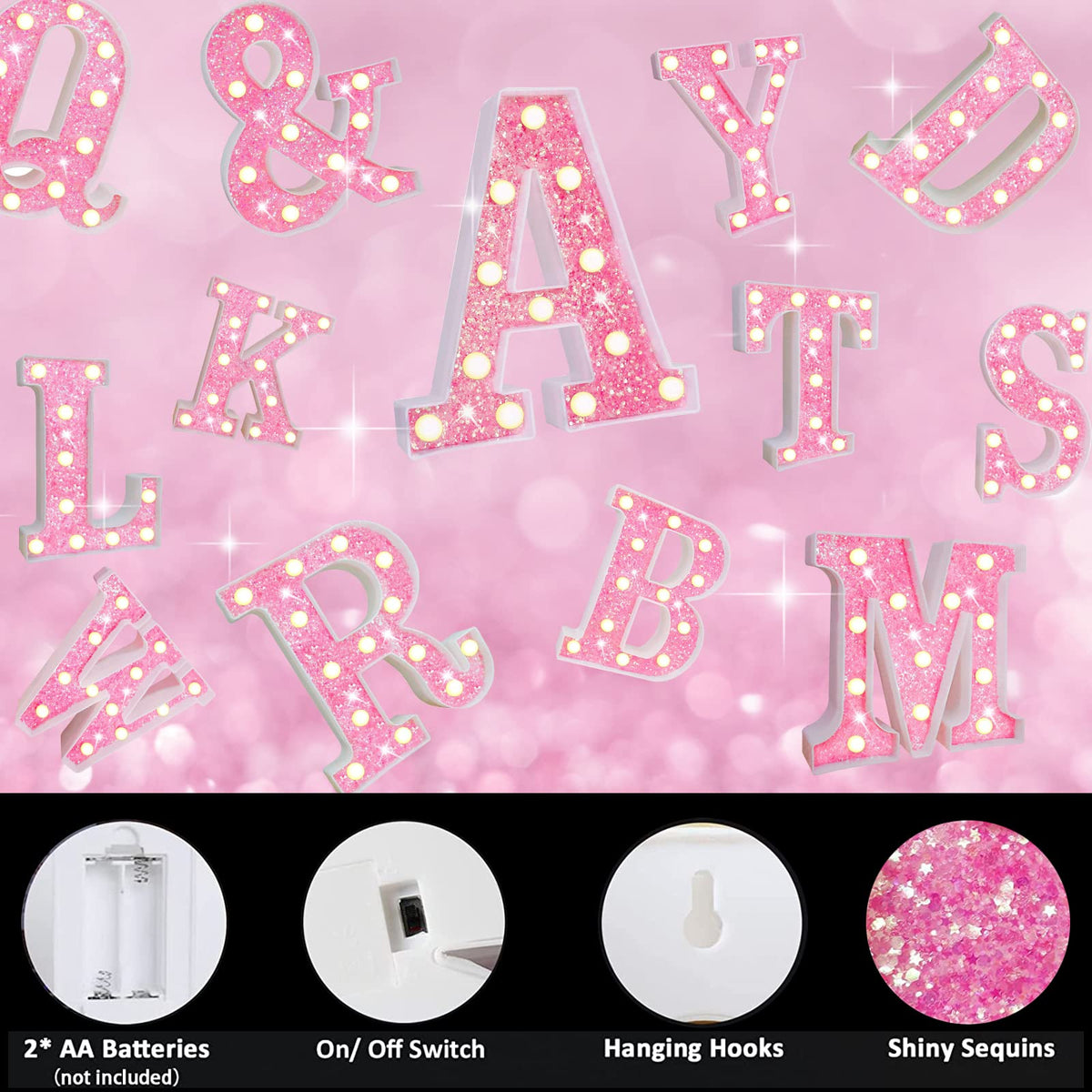 Pink Light Up Letters, Glitter Alphabet Letter Sign LED Marquee Letter Lights Battery Powered for Night Light Girls Bedroom Birthday Party Wedding Home Christmas Decorations Gift for Her-Pink I