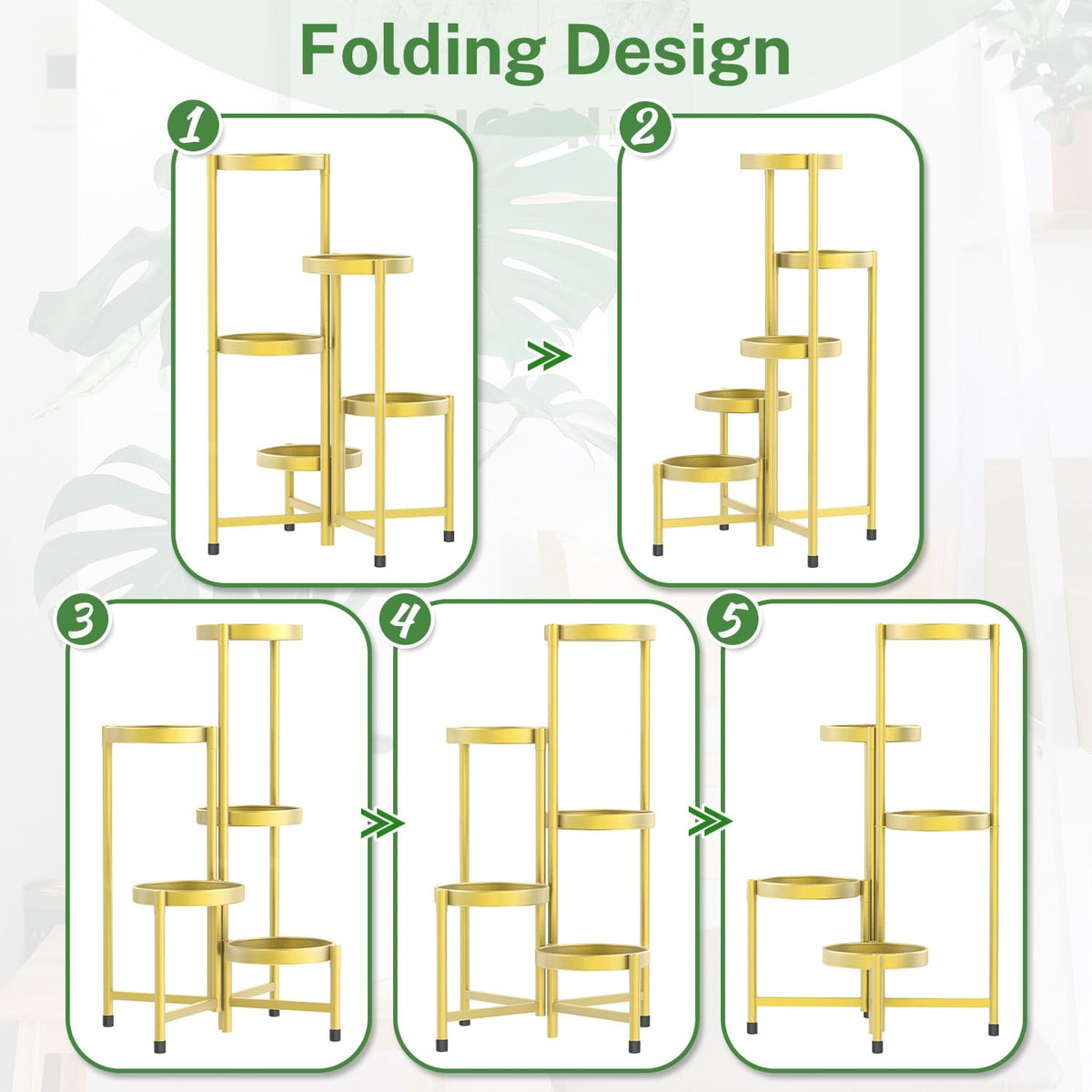 iDavosic.ly Plant Stand Indoor Outdoor, 5 Tier Corner Metal Flower Display Holder Shelf, Folding Tall Orchid Rack for Patio Balcony Porch Garden Living Room House, Gold
