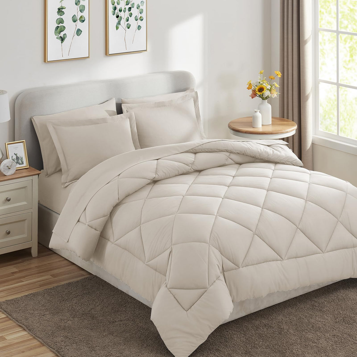 CozyLux Queen Comforter Set Beige - Bed in a Bag Queen Size 7 Pieces, Luxury Soft Bed Set for All Seasons, Bedding Set with Down Alternative Comforter, Sheets, Pillowcases & Shams