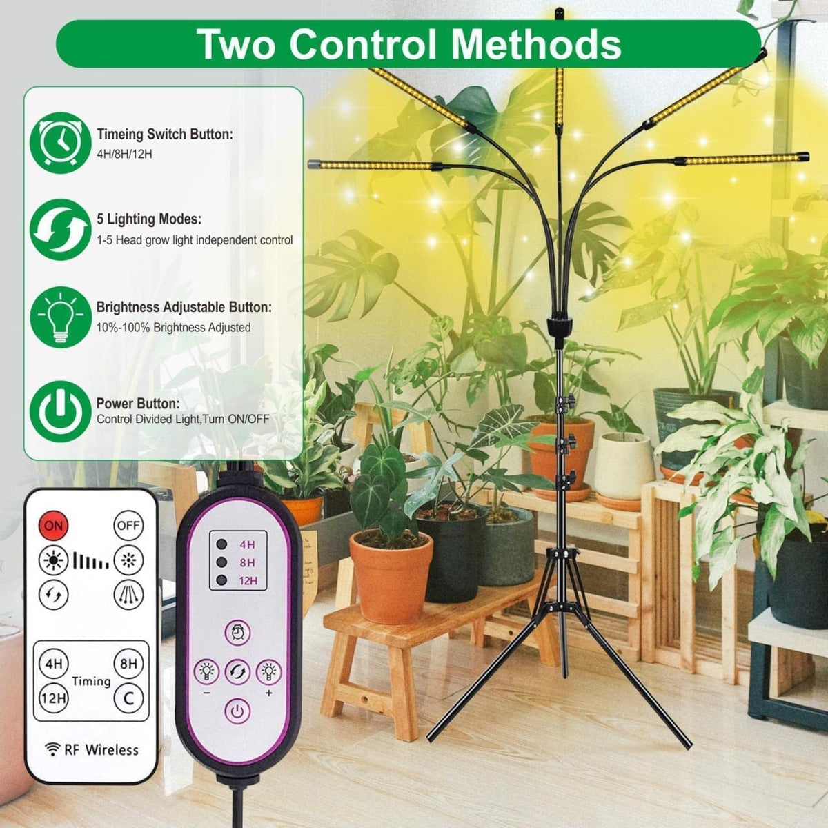 yentbokj 5-Head Adjustable LED Lights, Full Spectrum Grow Lamp with Timer, Warm White Light for Indoor Plants