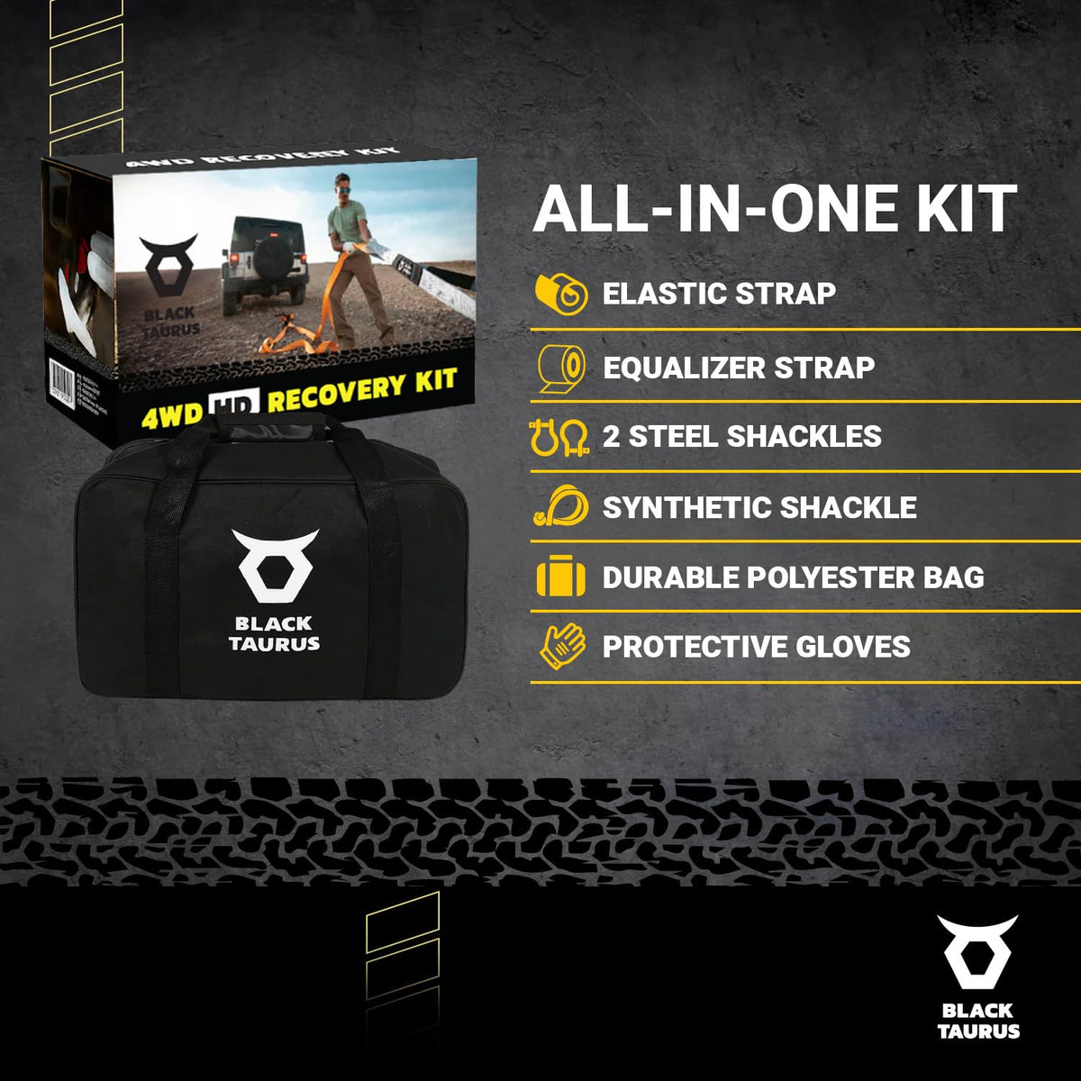 Black Taurus Complete Off-Road Recovery Kit – 2-3/8" 30' HD Snatch Strap 17,600lbs, 10' Equalizer Strap 13,200lbs, Steel D-Shackles, 30,000lbs HMPE Soft Shackle, Gloves & Storage Bag Recovery Gear