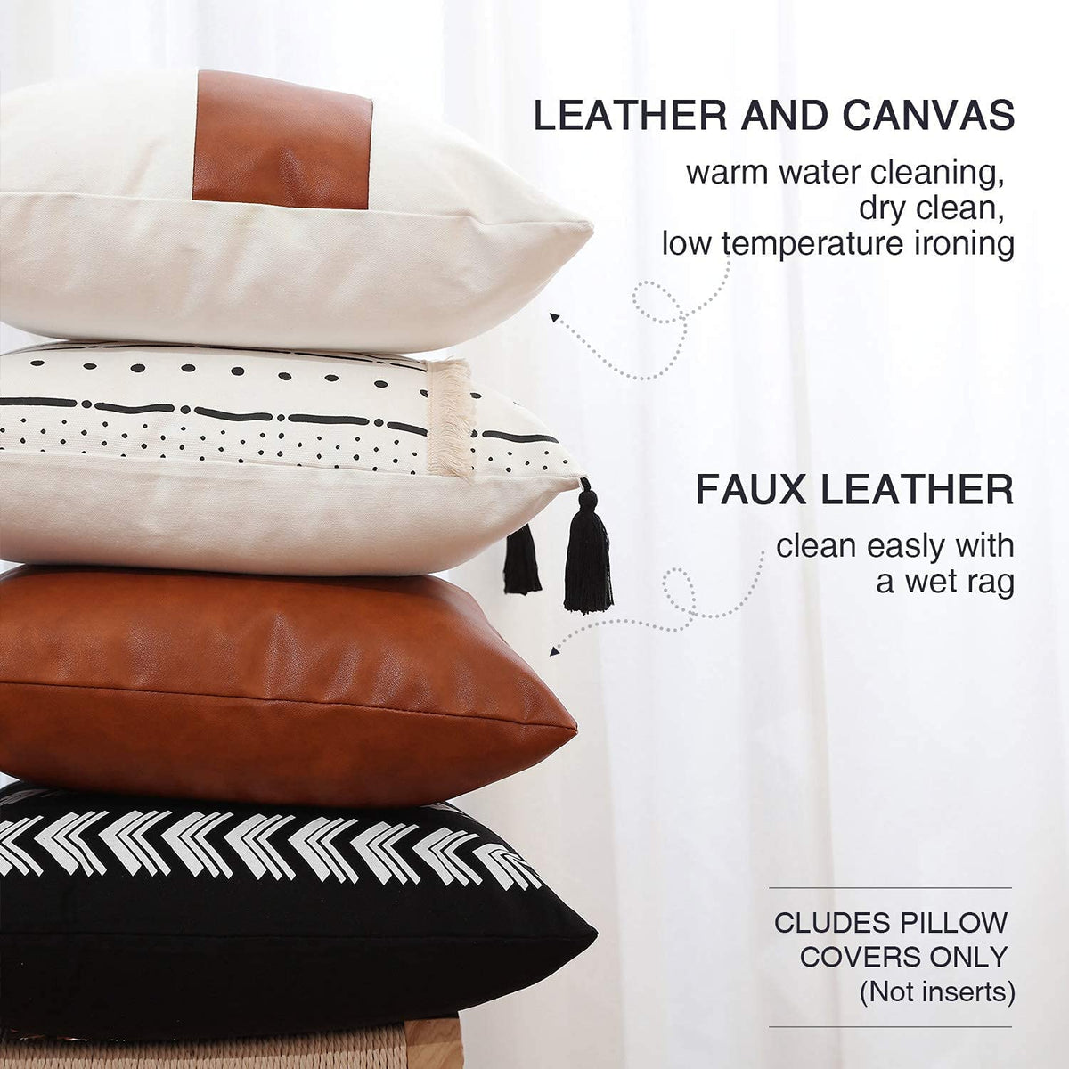 GALMAXS7 Boho Throw Pillow Covers 18 x 18 Set of 4 - Modern Stripe Geometric Farmhouse Decorative Pillow Cover Sets for Pillows - Couch Sofa Bed,Faux Leather Black and White Pillow Covers