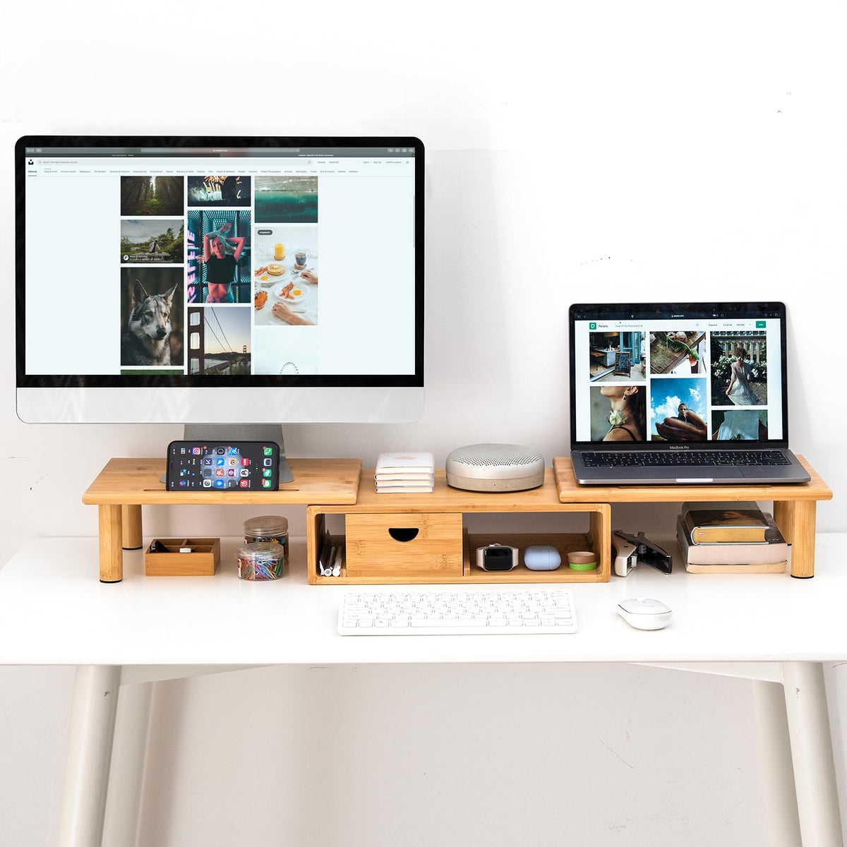 ROCDEER Dual Monitor Stand Riser with Drawer for Desk Laptop Desk Shelf with Adjustable Length and Angle, Bamboo Computer Stand Riser for 2 or 3 Monitors Screen Laptop PC TV -Natural