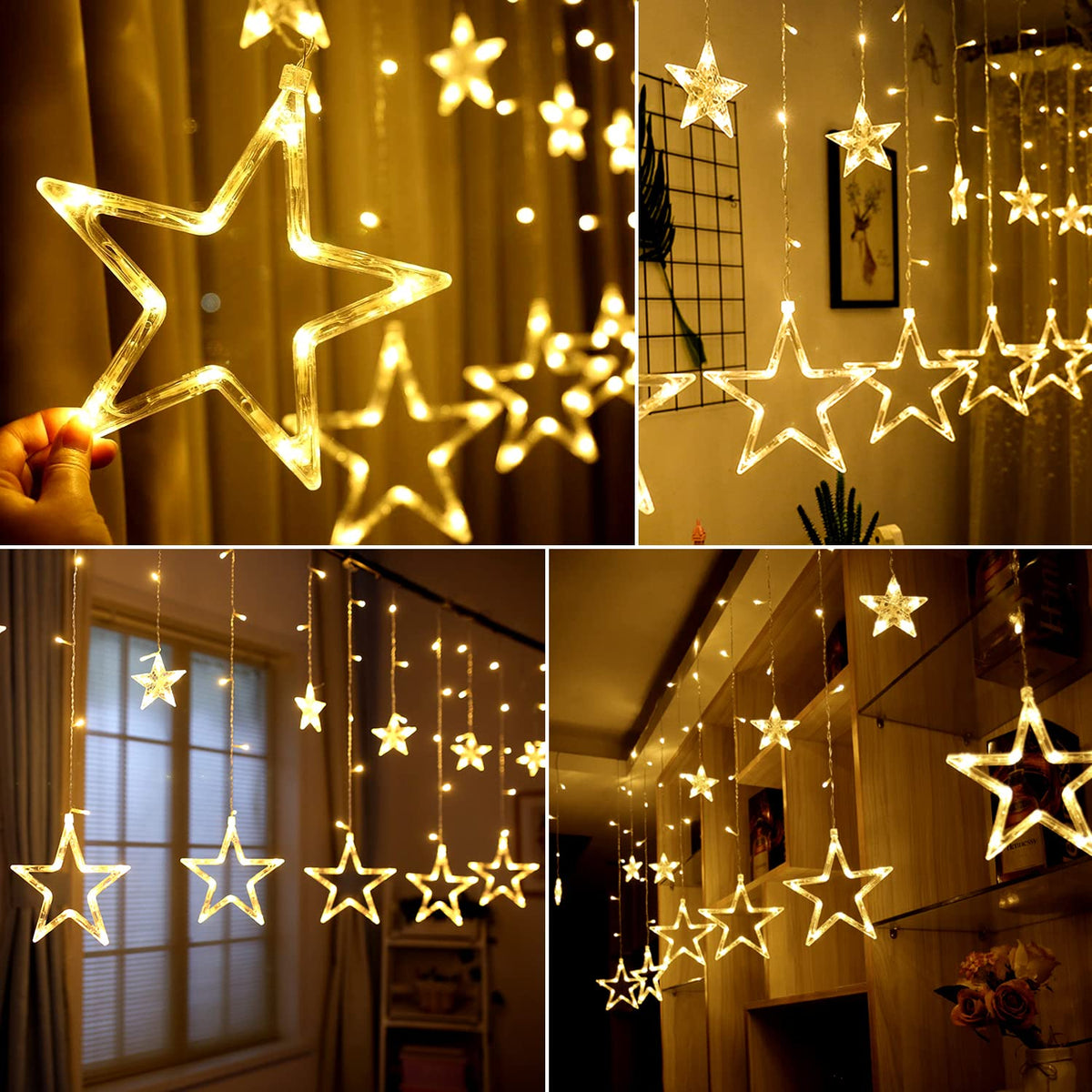 Blingstar Star Christmas Lights 138 LED 12 Star Curtain Lights 8 Flashing Mode Window String Lights 8.2ft Connectable Hanging Lights for Indoor Bedroom Ramadan Eid Wedding Backdrop Decor, Warm White