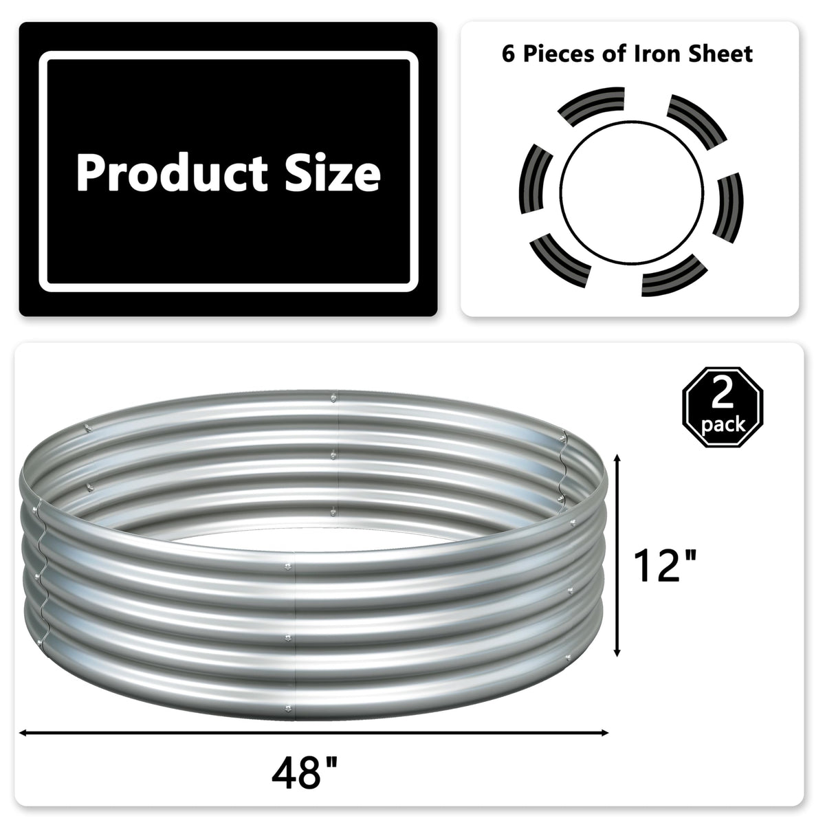 Foxlang 4x4x1ft(2 Pack) Galvanized Round Raised Garden Bed,Outdoor Planter Box Metal Patio Kit Planting Bed for Vegetables Flowers Herb,Silver