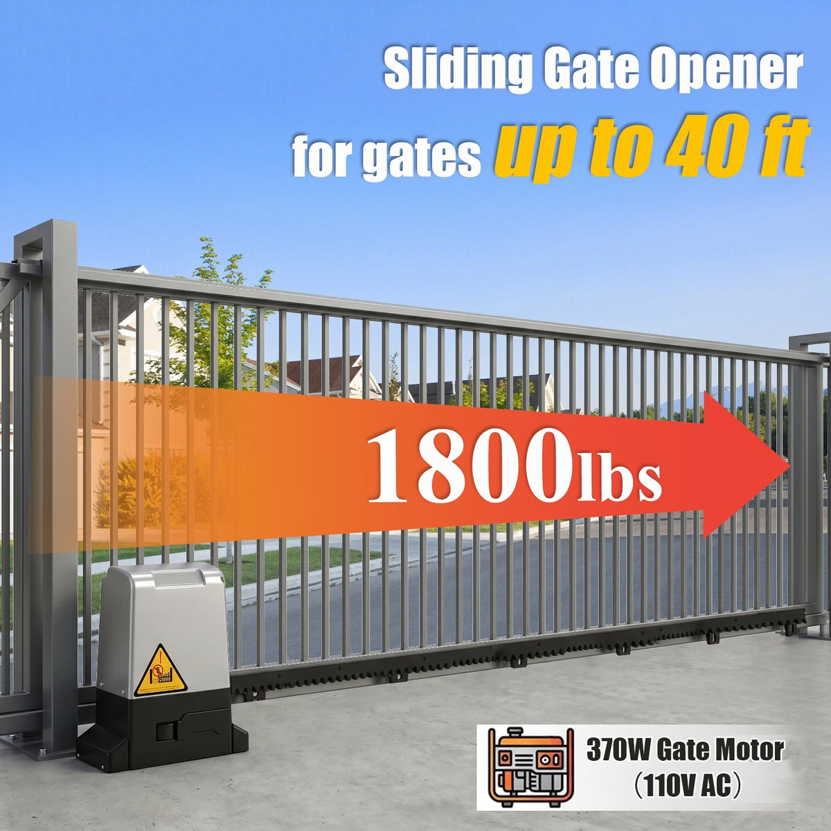 1800Lbs Heavy Duty Sliding Gate Opener, 370W AC Automatic Gate Motor with Nylon Rack, No Welding Electric Gate Opener Kit with 4 Remote Controls, DIY Easy Installation, Up to 40ft Sliding Gate