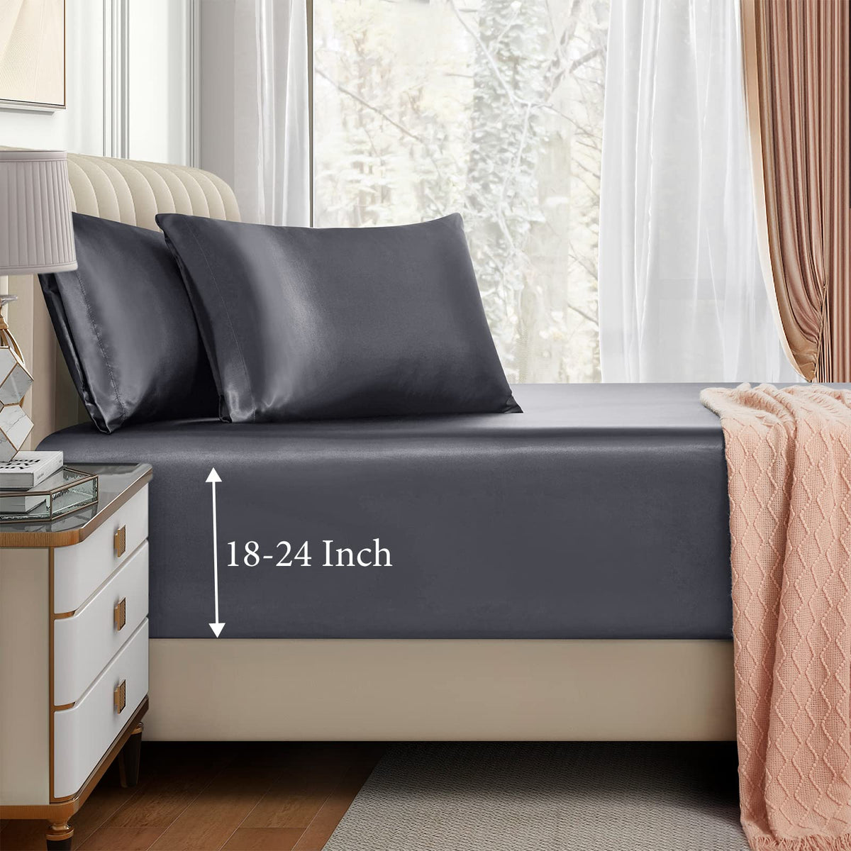 VACVELT 3pcs Extra Deep Pocket Satin Fitted Sheet Set King Bed Set, Grey Bottom Sheet Fit 18-24 Inch Deep Pocket Mattress, Silky Bedding Set Soft & Ultra Deep Fitted Sheet & 2 Pillowcase