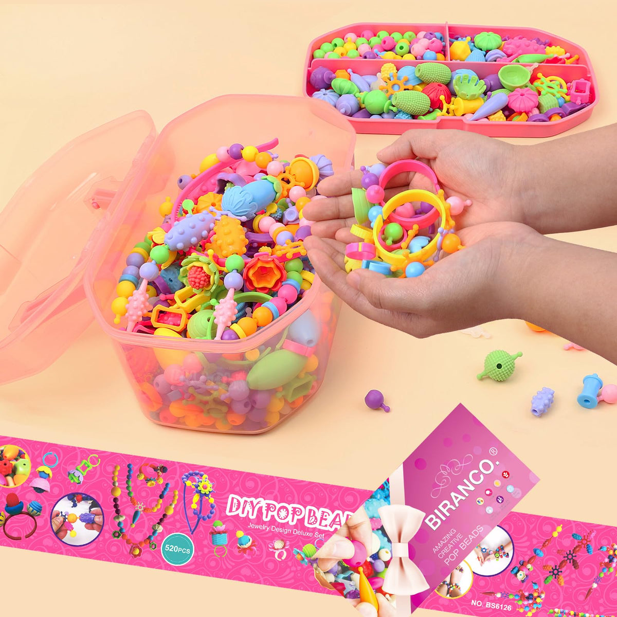 BIRANCO. Pop Beads, Jewelry Making Kit - Arts and Crafts for Girls 3-7 Years Old, Snap Beads Toys - Necklace, Bracelet, Ring Creative DIY Set - 520 pcs