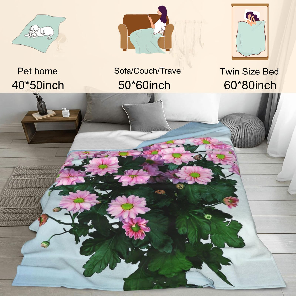 Zeleda Cute Gnome Flannel Blanket, Soft Cozy Throw with Succulent Botanical, Lightweight Blankets for All Seasons, Nature Whimsical Home Sofa Bed Decor and Gifts for Kids Girls Boys, 50x60 Inch