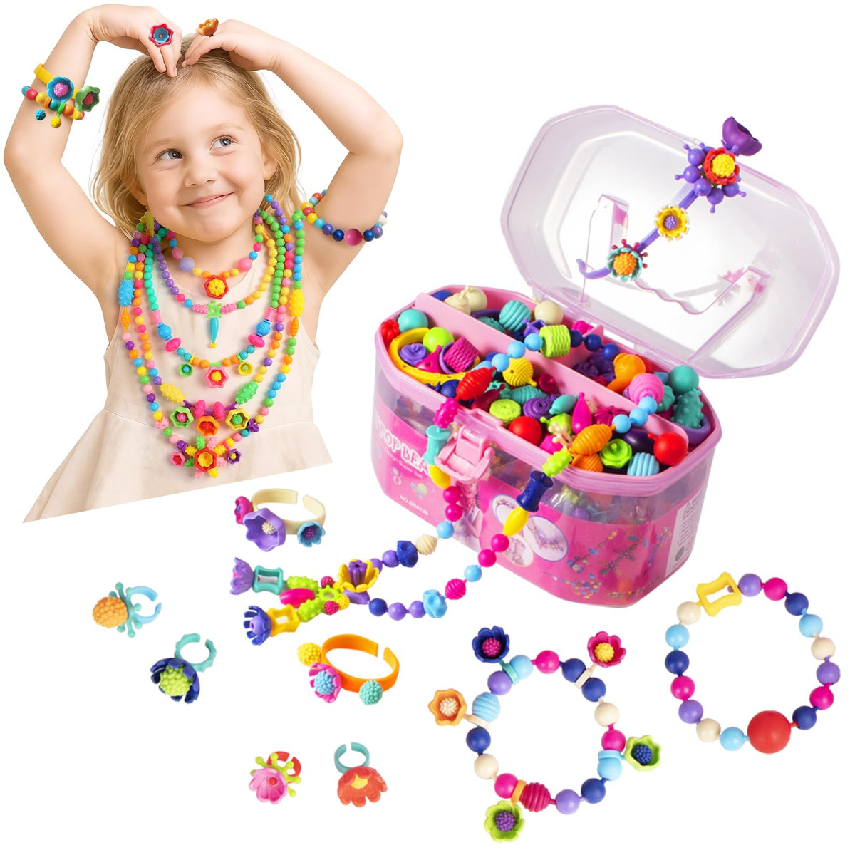 BIRANCO. Pop Beads, Jewelry Making Kit - Arts and Crafts for Girls 3-7 Years Old, Snap Beads Toys - Necklace, Bracelet, Ring Creative DIY Set - 520 pcs